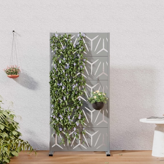 MAYEERTY Outdoor Metal Privacy Screen 5ft Gray, 5-Panel Geometric Y-Pattern Decorative Screen for Garden