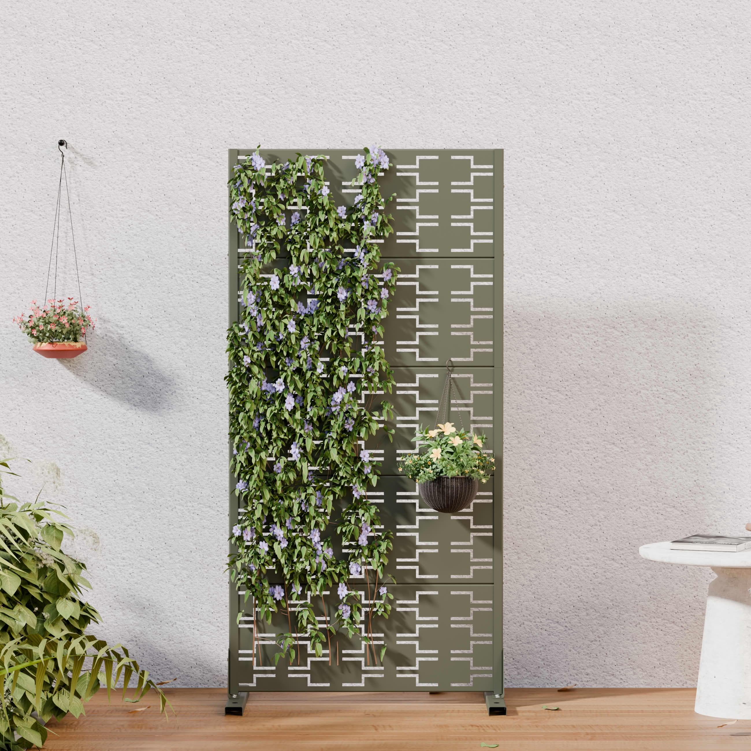 MAYEERTY Outdoor Metal Privacy Screen 5ft Olive Gray, 5-Panel Brick Pattern Decorative Screen for Garden