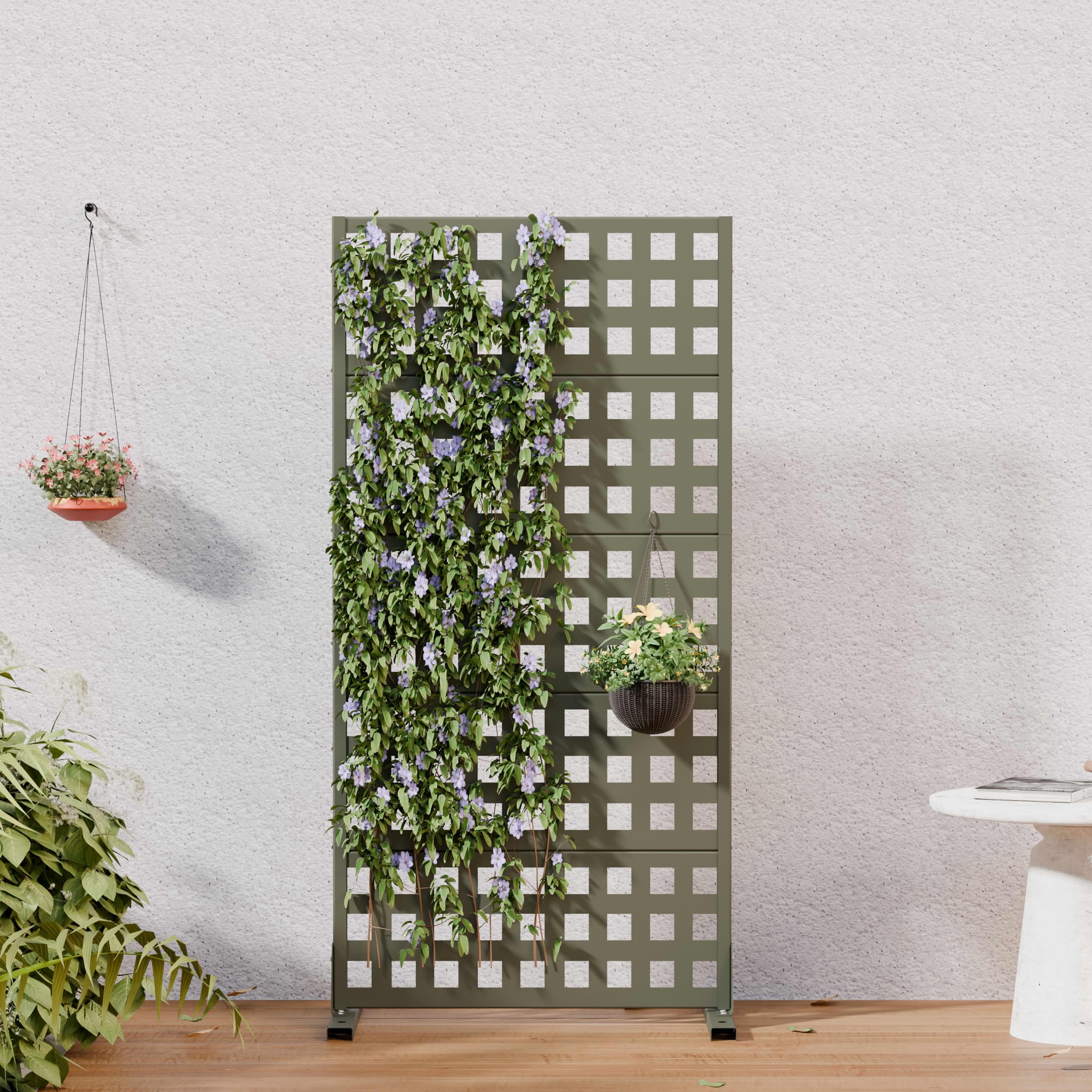 MAYEERTY Outdoor Metal Privacy Screen 5ft Olive Gray, 5-Panel Lattice Pattern, Rust-Resistant for Garden
