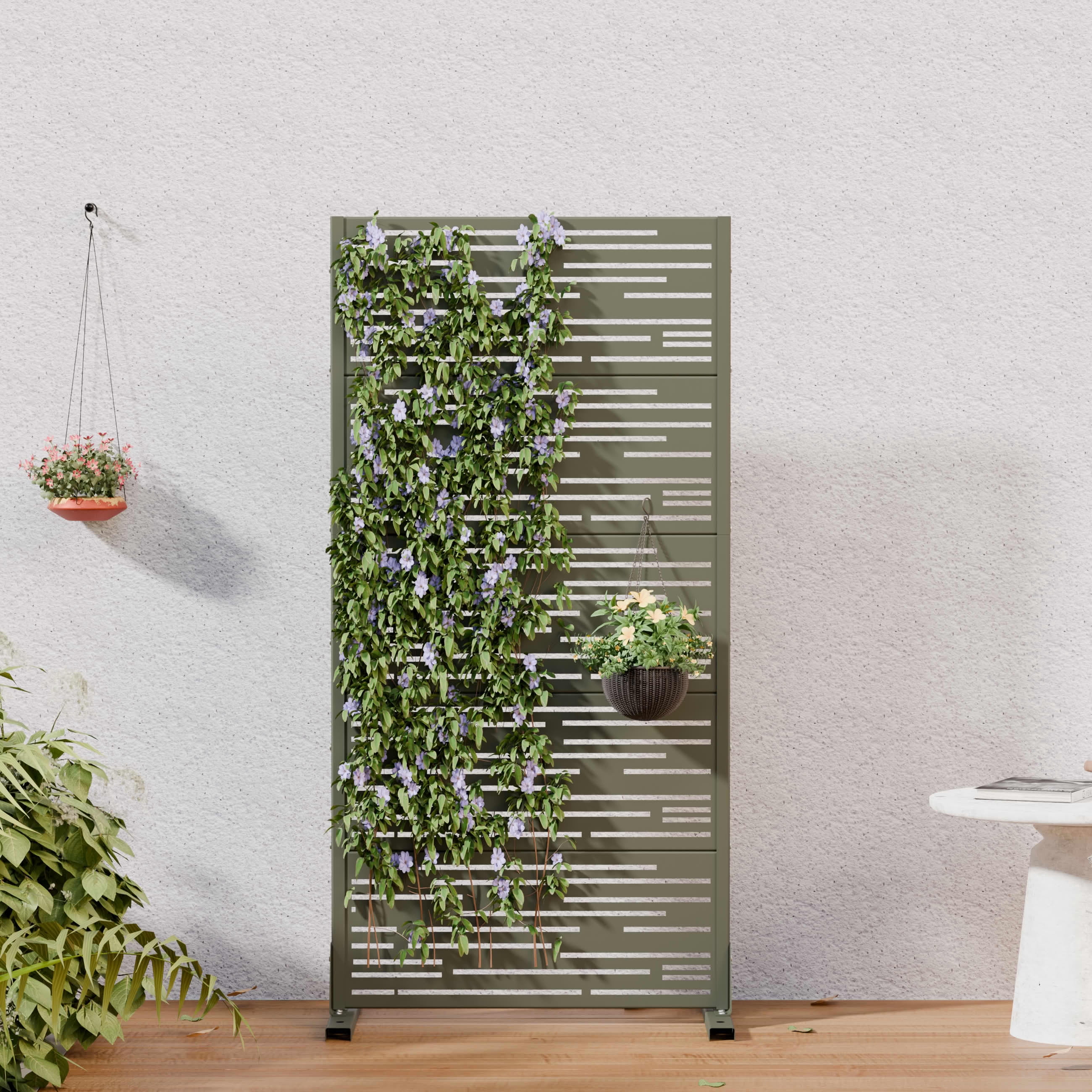 MAYEERTY Outdoor Metal Privacy Screen 5ft Olive Gray, 5-Panel Light & Shadow Pattern, Rust-Resistant for Garden