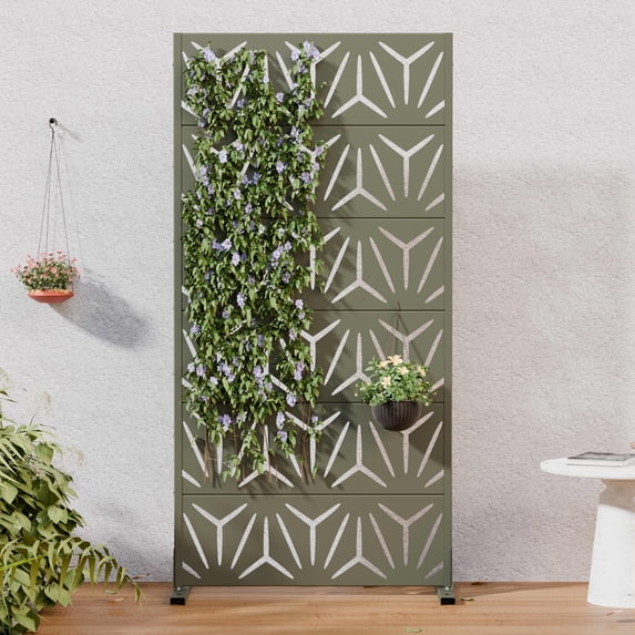 MAYEERTY Outdoor Metal Privacy Screen 6ft × 3ft Olive Gray, 6-Panel Geometric Y-Pattern Decorative Screen for Patio