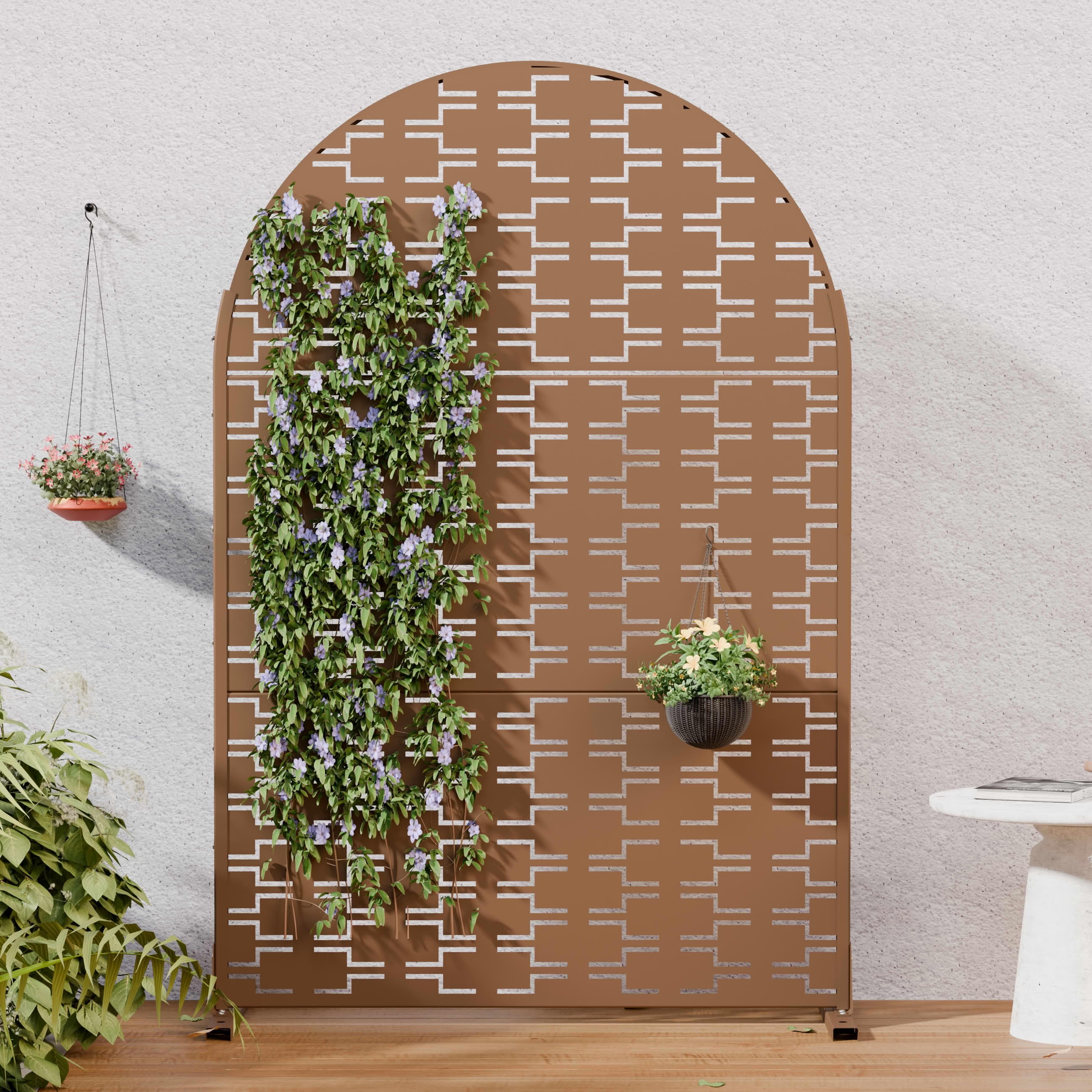 MAYEERTY Outdoor Metal Privacy Screen 6ft × 4ft Brown, 3-Panel Brick Pattern Decorative Screen for Patio