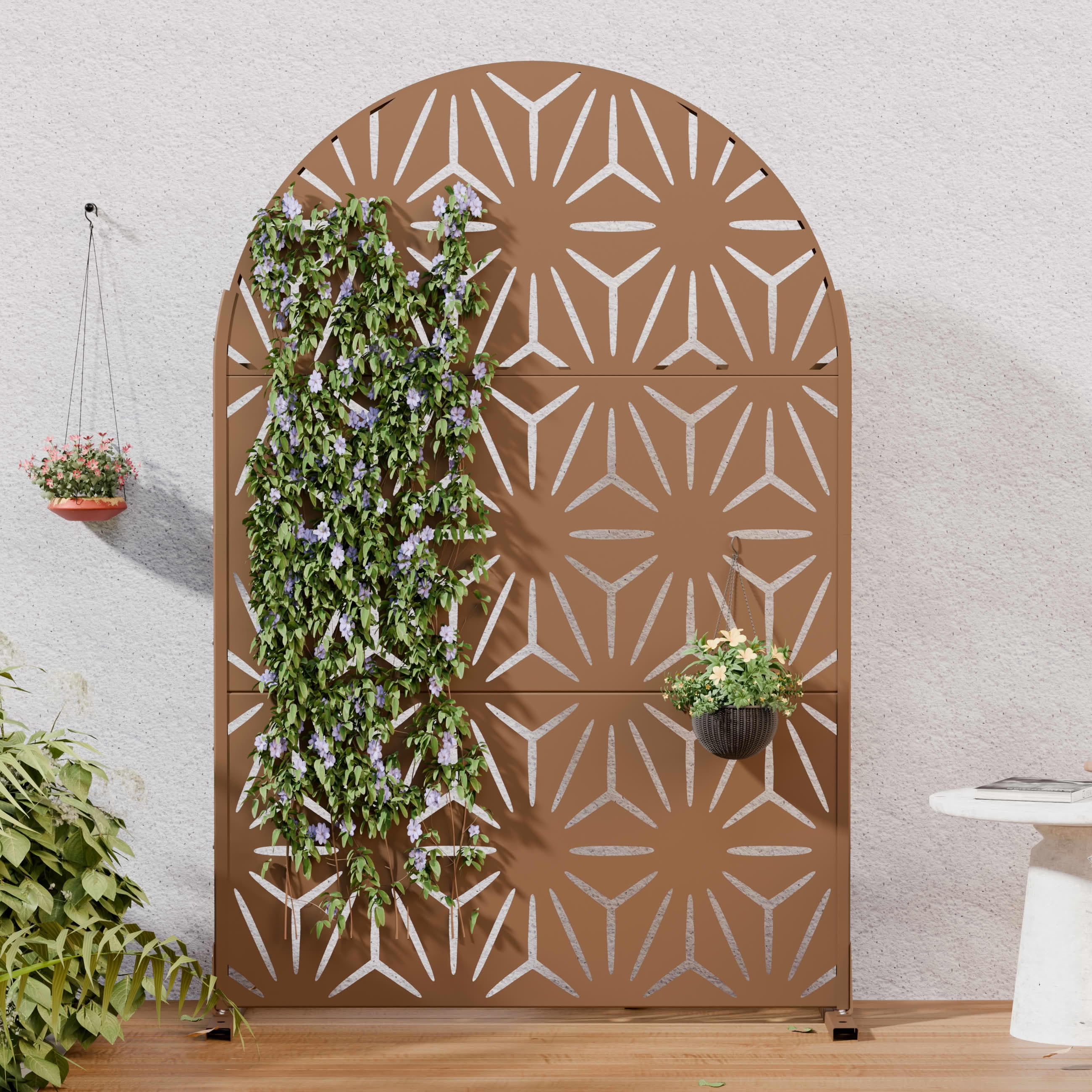 MAYEERTY Outdoor Metal Privacy Screen 6ft × 4ft Brown, 3-Panel Geometric Y-Pattern Decorative Screen for Garden