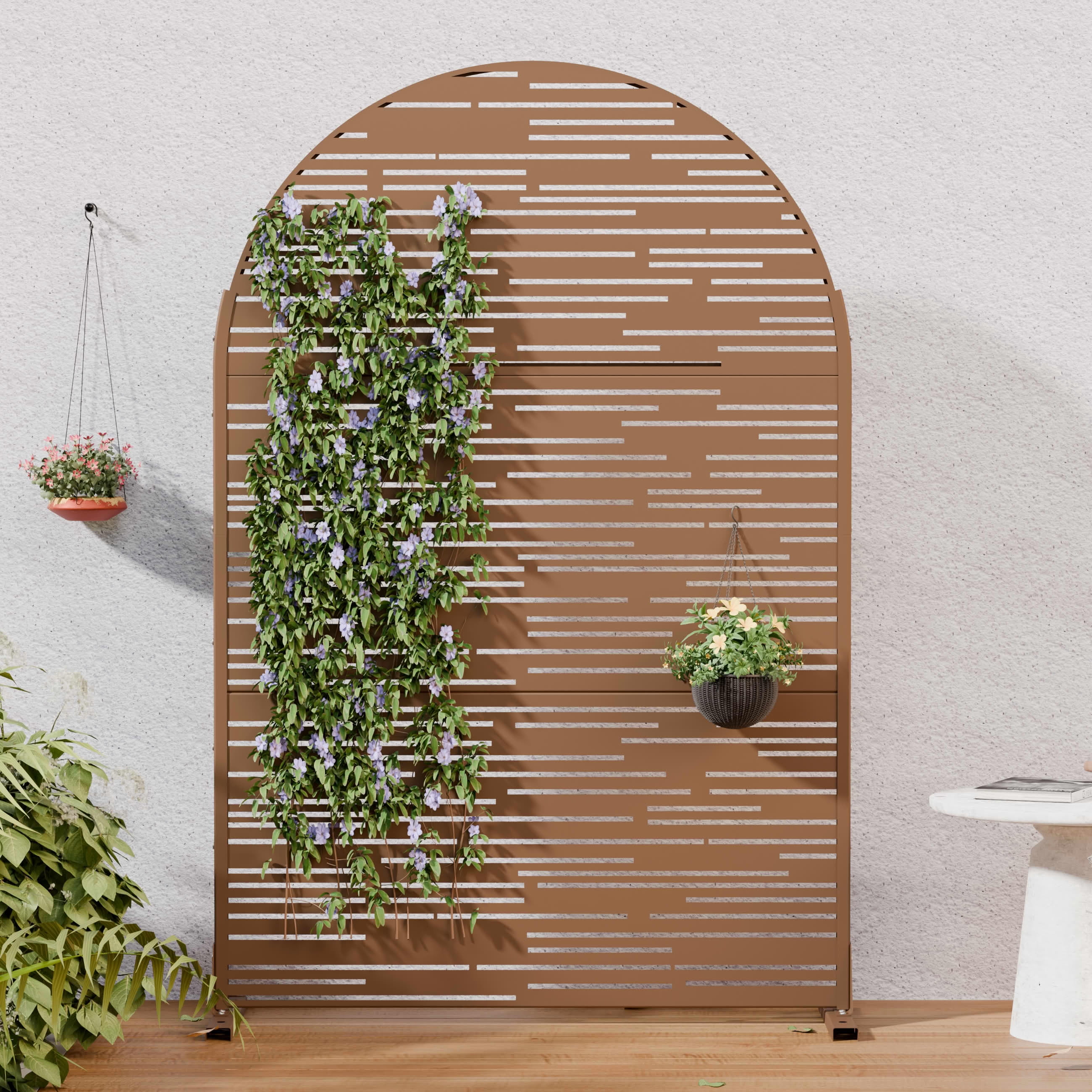 MAYEERTY Outdoor Metal Privacy Screen 6ft × 4ft Brown, 3-Panel Light & Shadow Pattern, Rust-Resistant for Garden
