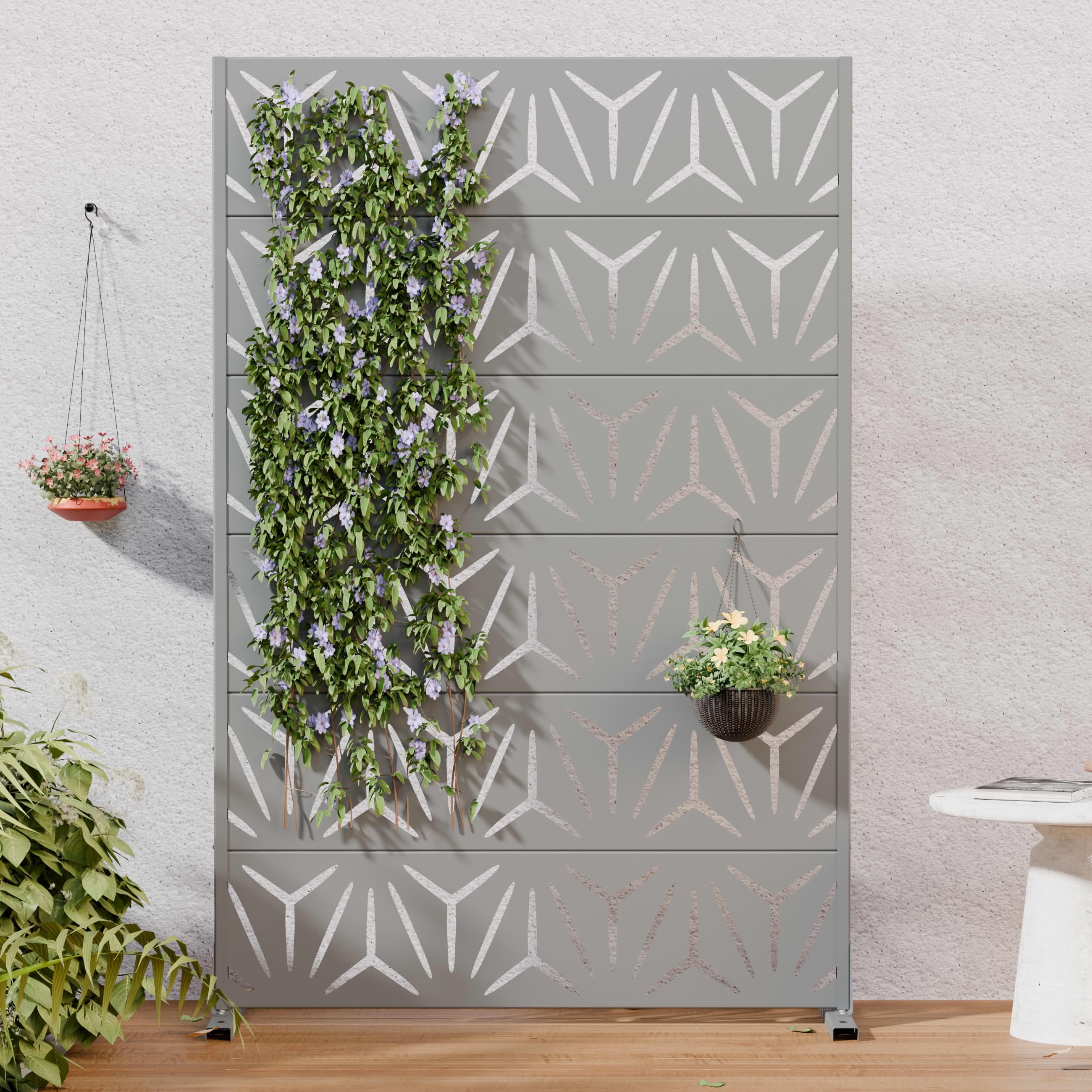 MAYEERTY Outdoor Metal Privacy Screen 6ft × 4ft Gray, 6-Panel Geometric Y-Pattern Decorative Screen for Garden