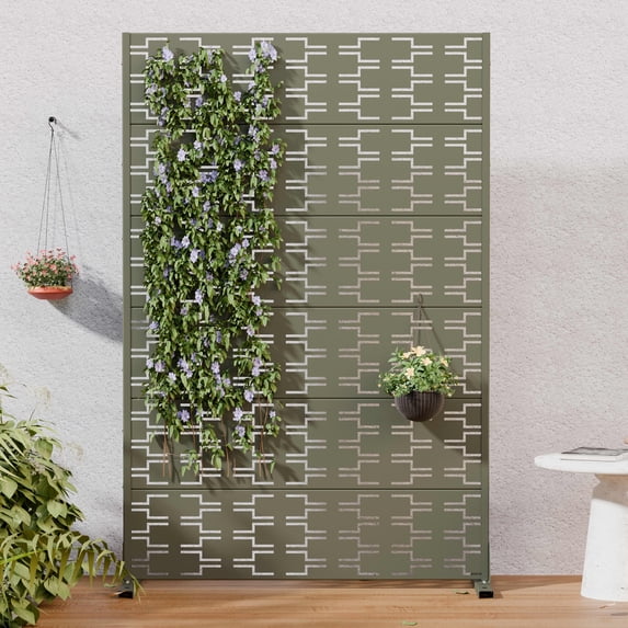 MAYEERTY Outdoor Metal Privacy Screen 6ft × 4ft Olive Gray, 6-Panel Brick Pattern Decorative Screen for Garden