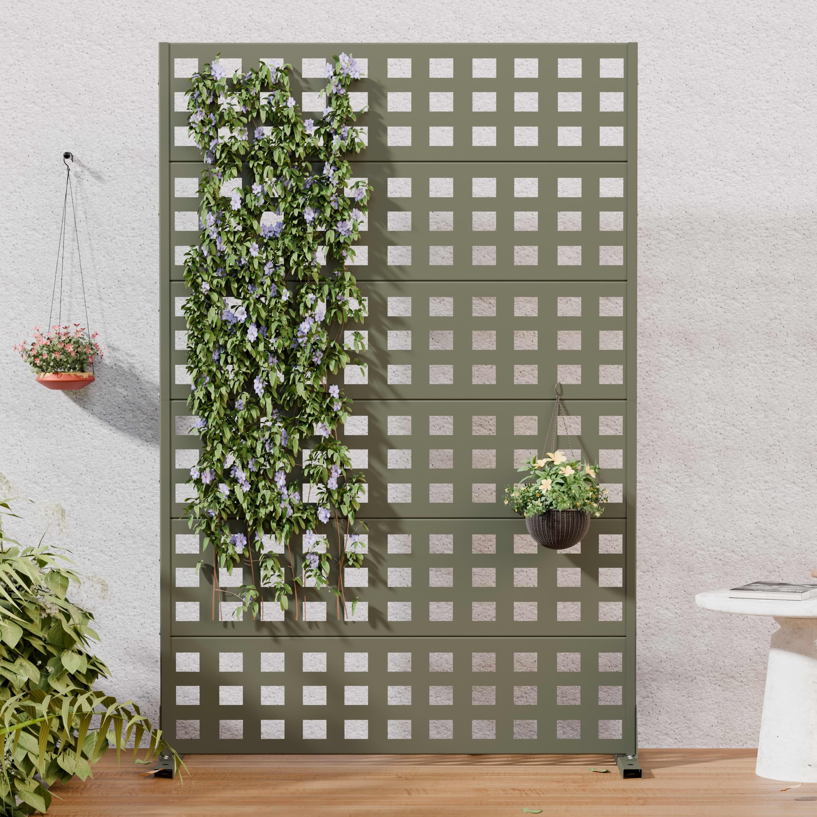 MAYEERTY Outdoor Metal Privacy Screen 6ft × 4ft Olive Gray, 6-Panel Lattice Pattern, Rust-Resistant for Garden