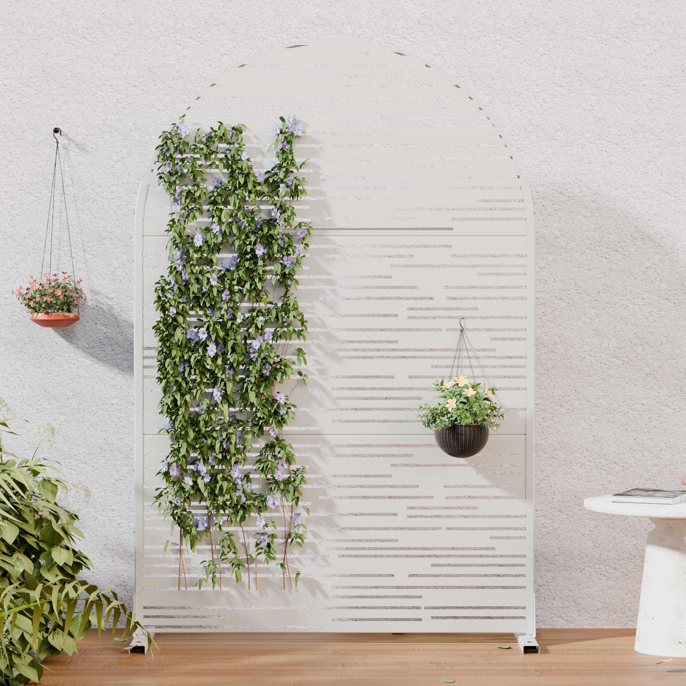 MAYEERTY Outdoor Metal Privacy Screen 6ft × 4ft White, 3-Panel Light & Shadow Pattern, Rust-Resistant for Garden