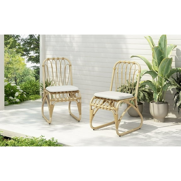 MAYEERTY Outdoor PE Wicker Dining Chairs with Washable Cushion Set of 2 Natural Rattan Patio Garden