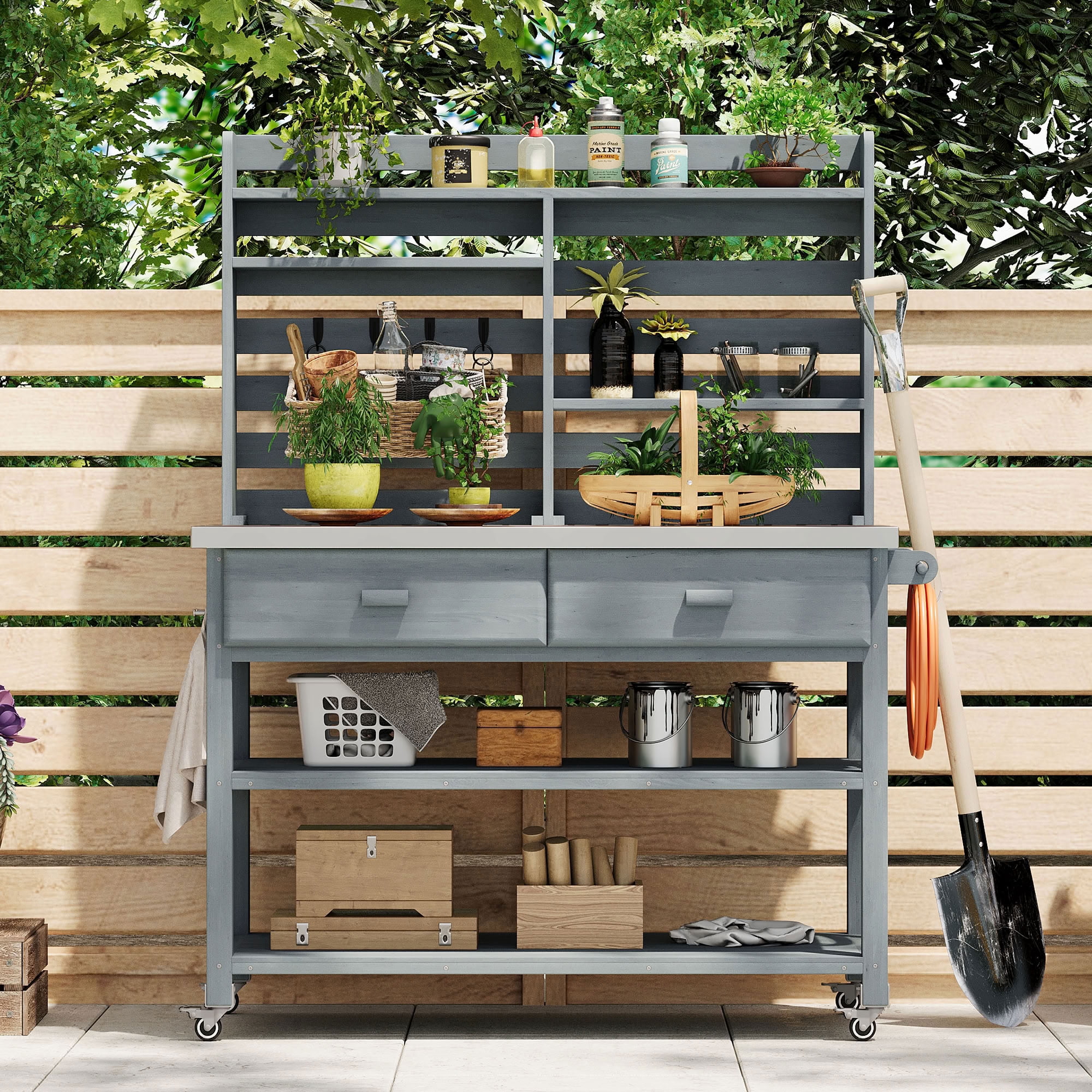MAYEERTY Outdoor Potting Bench with Lockable Wheels, Wood Workstation with 2 Large Drawers, Towel Rack, Bottle Opener & Propane Tank Rack for Grilling, Gardening, Patio Lawn