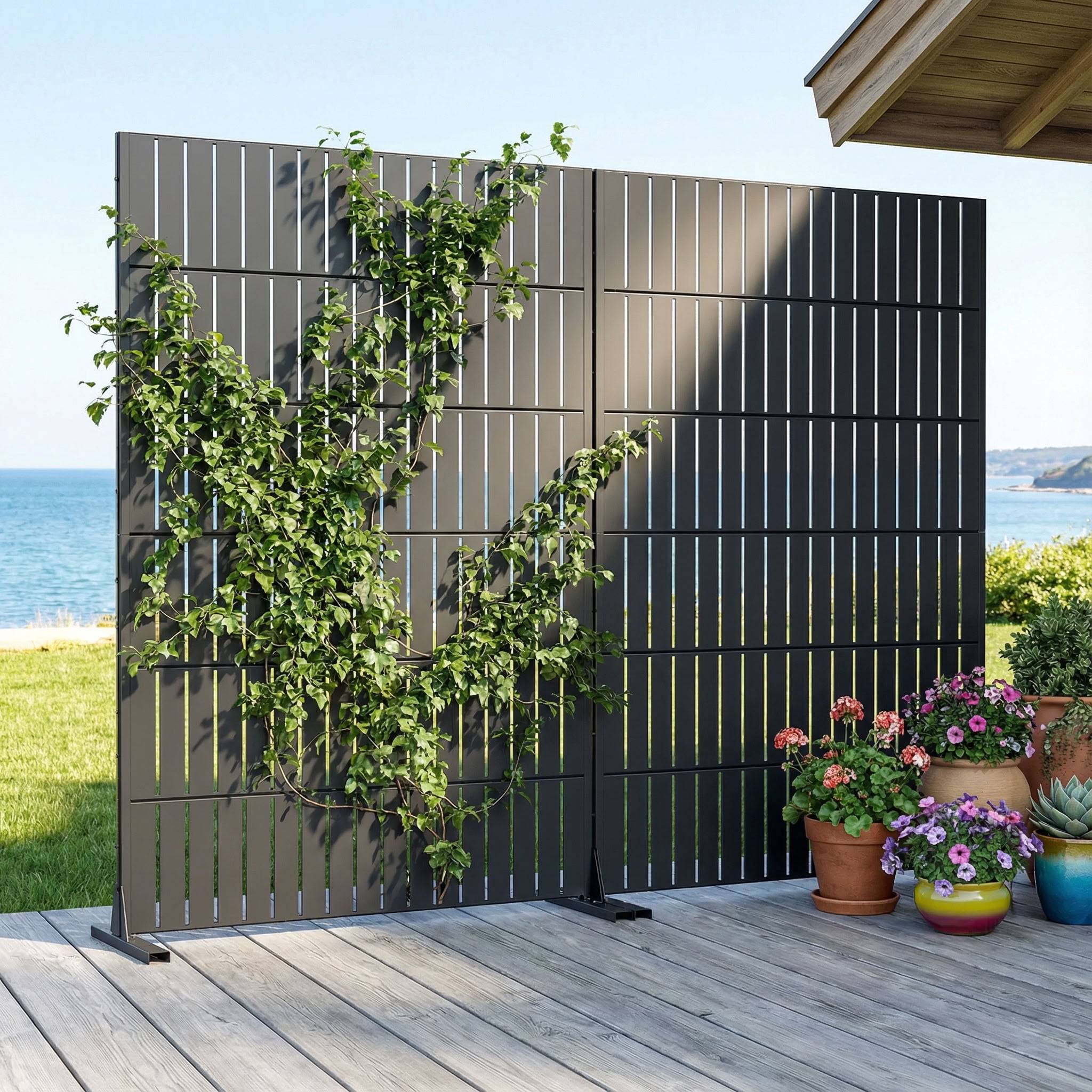 MAYEERTY 72*47in Outdoor Privacy Screen, Horizontal Slat Metal Privacy Panel, Yard Privacy Divider for Patio, Balcony, Garden