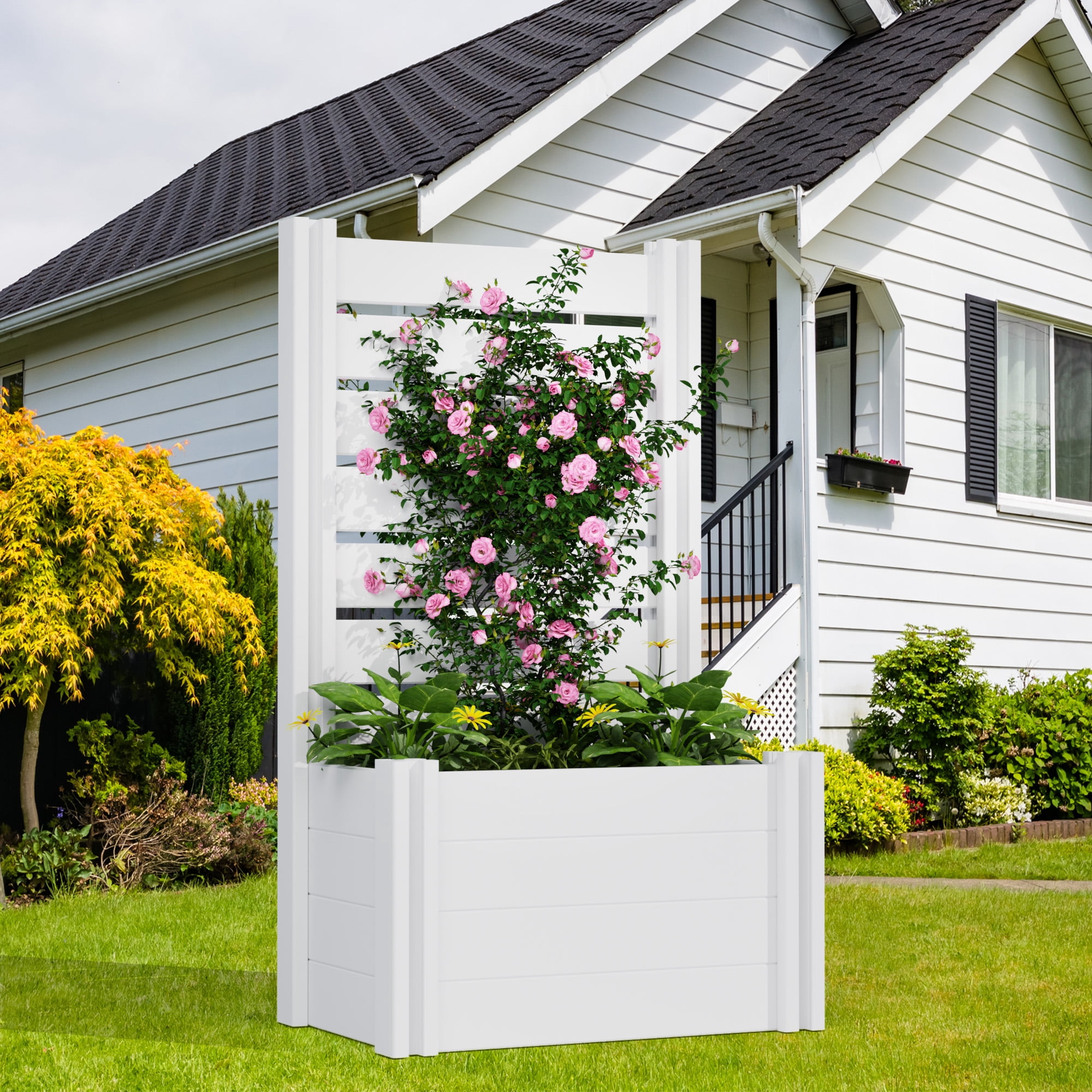 MAYEERTY Outdoor White PVC Rectangular Planter Box with Trellis for Climbing Plants, Raised Garden Bed