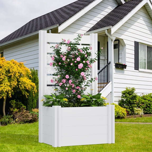 MAYEERTY Outdoor White PVC Rectangular Planter Box with Trellis for Climbing Plants, Raised Garden Bed