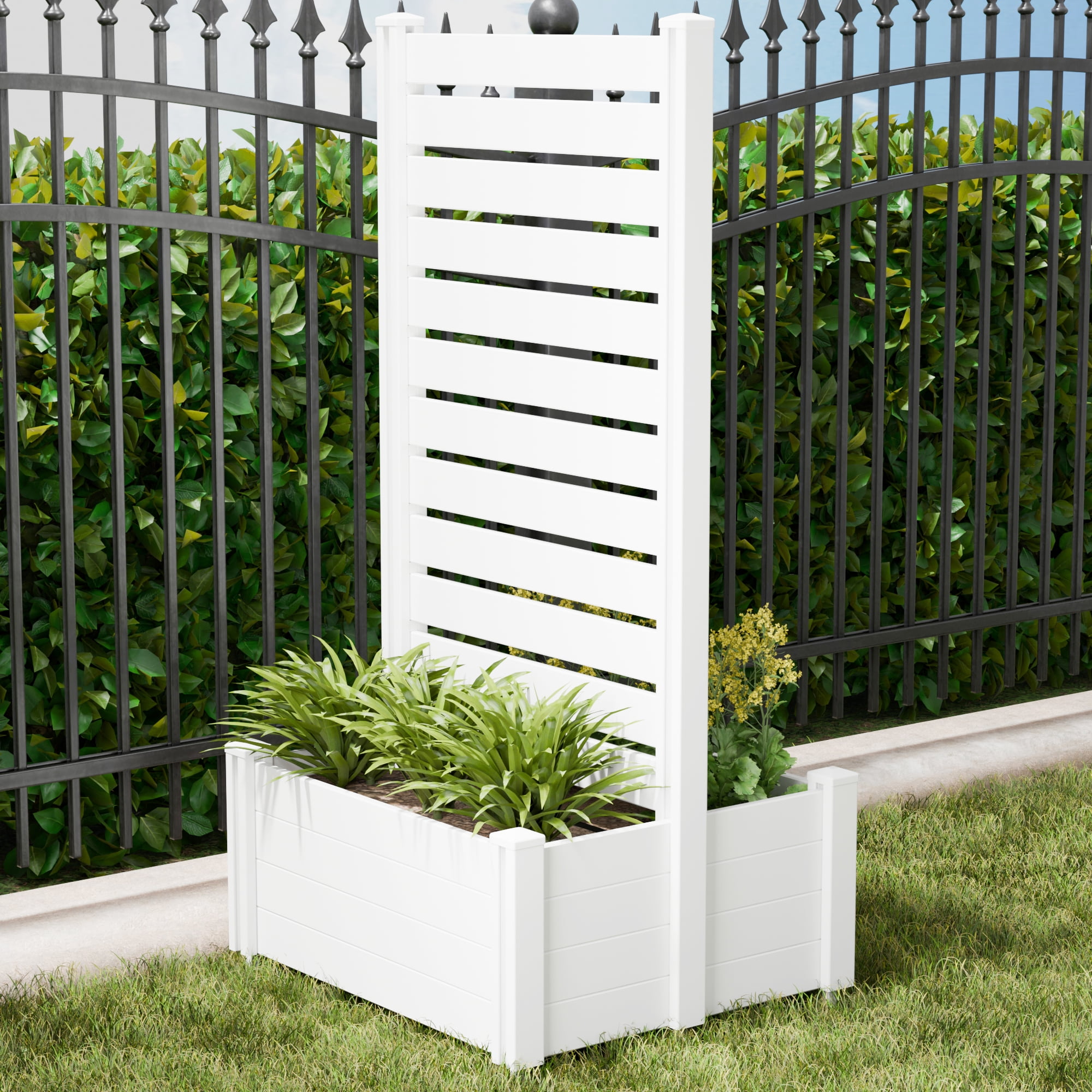 MAYEERTY Outdoor White PVC Rectangular Planter Box with Trellis for Climbing Plants, Raised Garden Bed