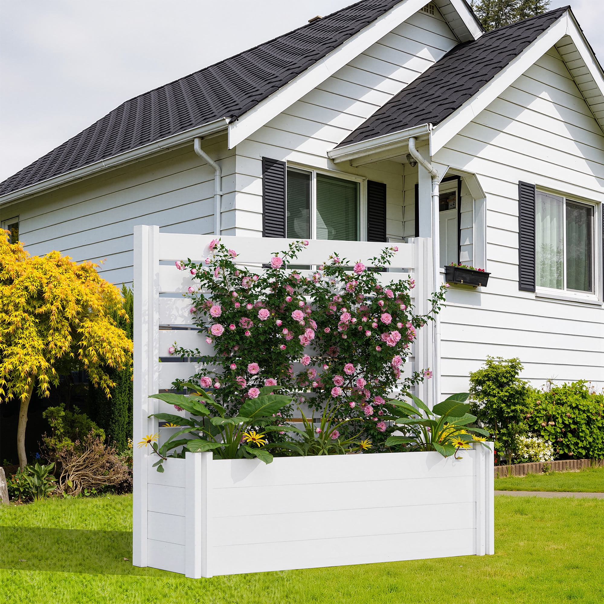 MAYEERTY Outdoor White PVC Rectangular Planter Box with Trellis for Climbing Plants, Raised Garden Bed