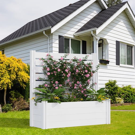MAYEERTY Outdoor White PVC Rectangular Planter Box with Trellis for Climbing Plants, Raised Garden Bed