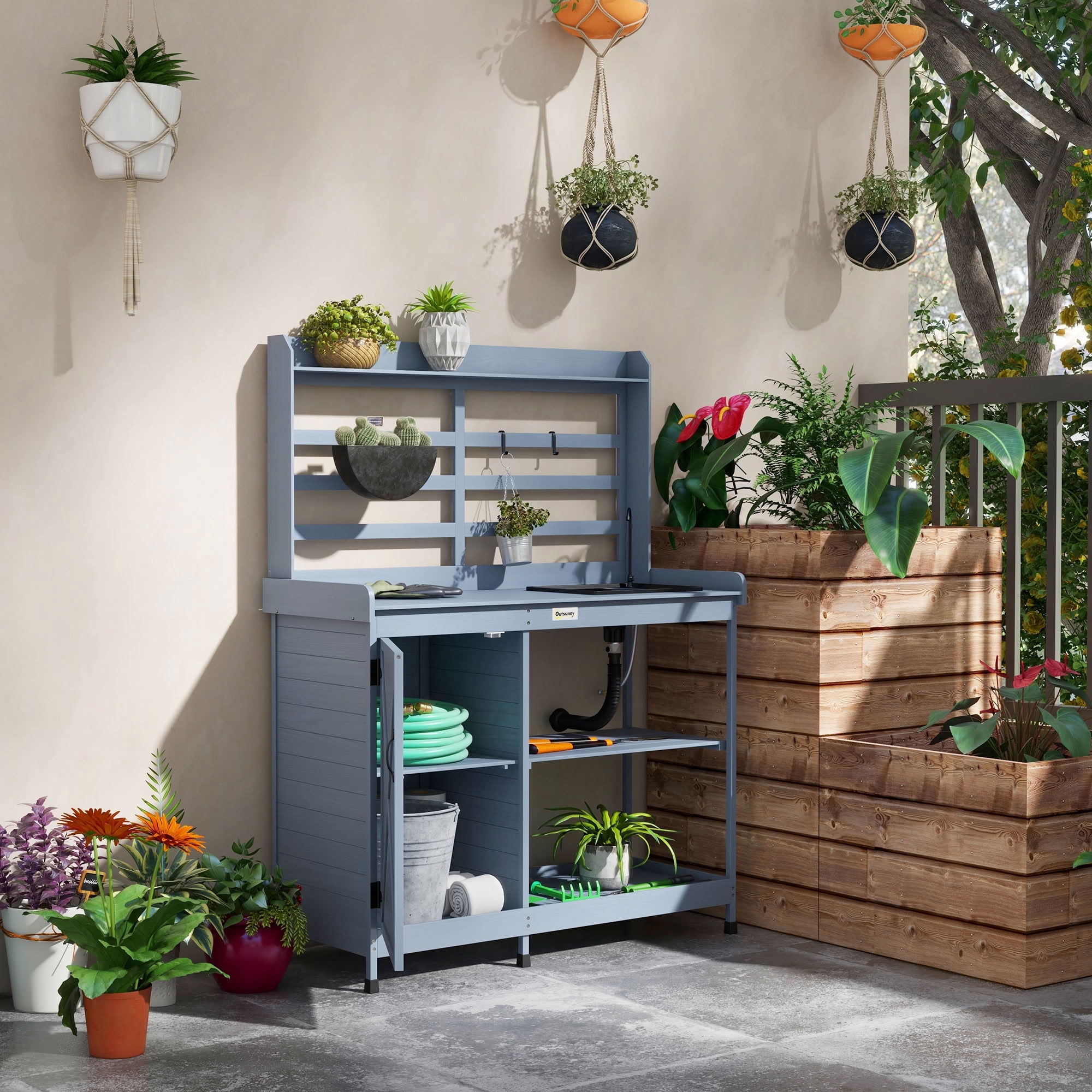 MAYEERTY Outdoor Wood Potting Bench with Removable Sink & Water Tap, Garden Workstation for Backyard, Patio, Balcony