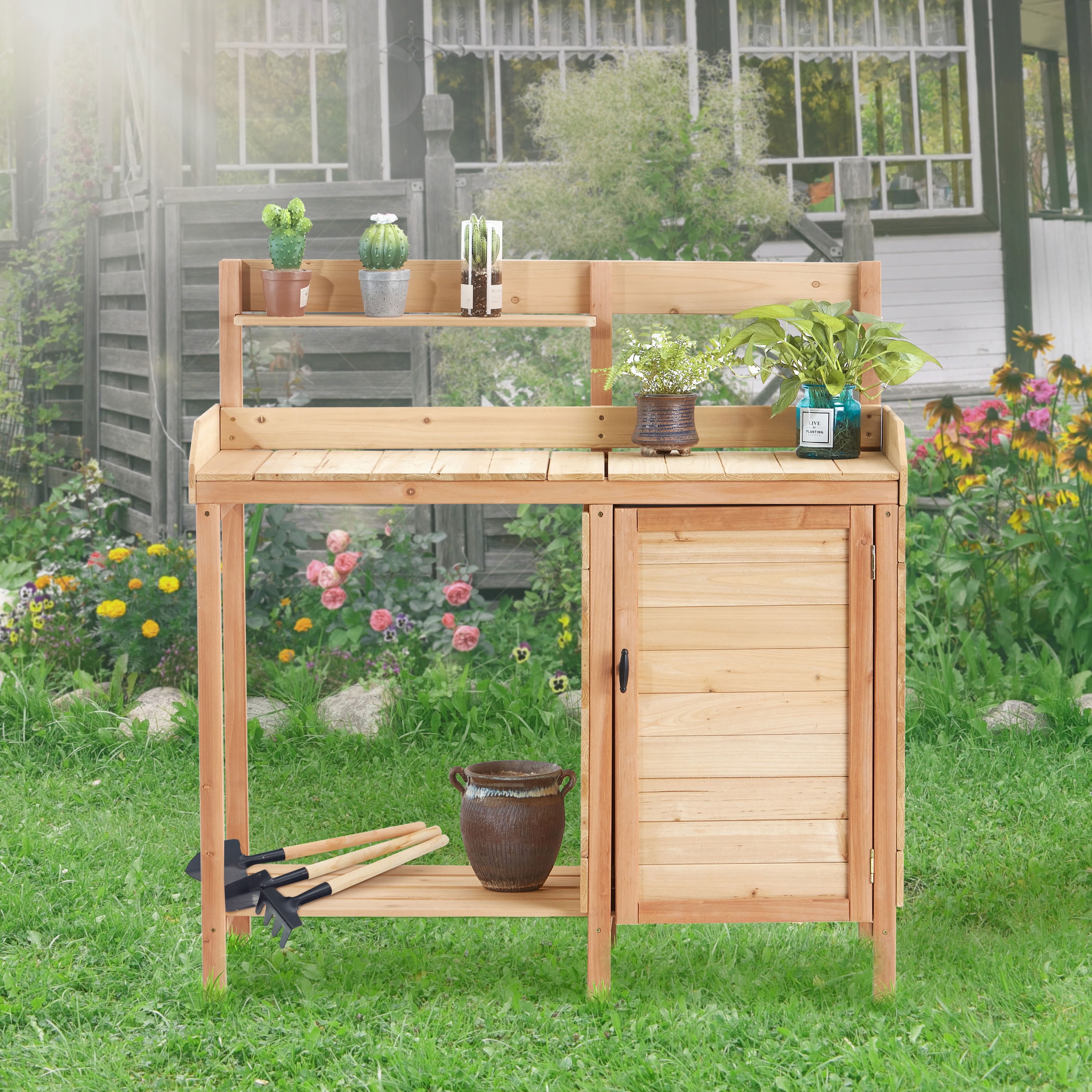 MAYEERTY Outdoor Wooden Potting Bench with Sink, Removable Tray & Side Hooks, Garden Workstation for Patio, Backyard