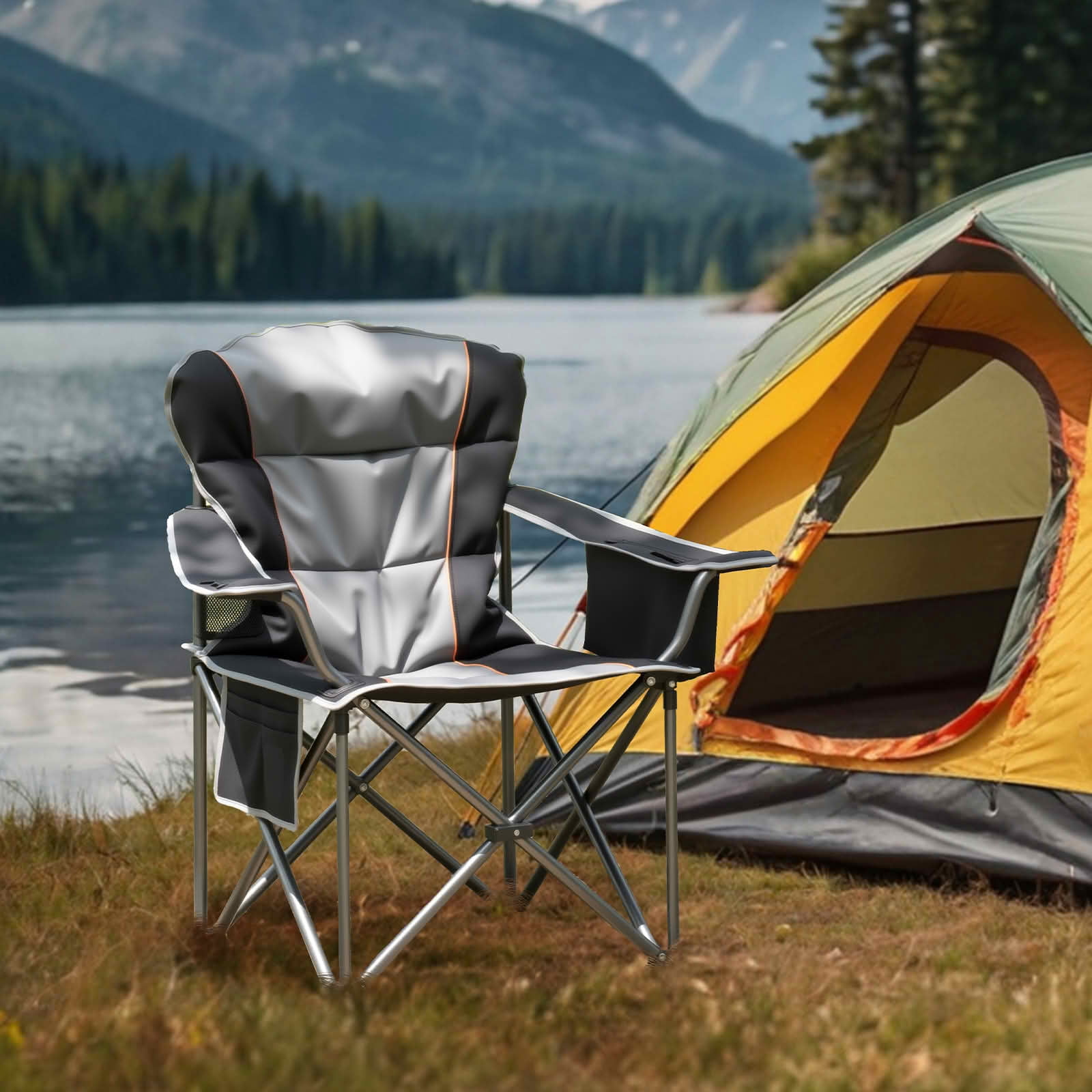 MAYEERTY Oversized Camping Folding Chair 5000 LBS Steel Frame Padded with Cup Holder Cooler Bag
