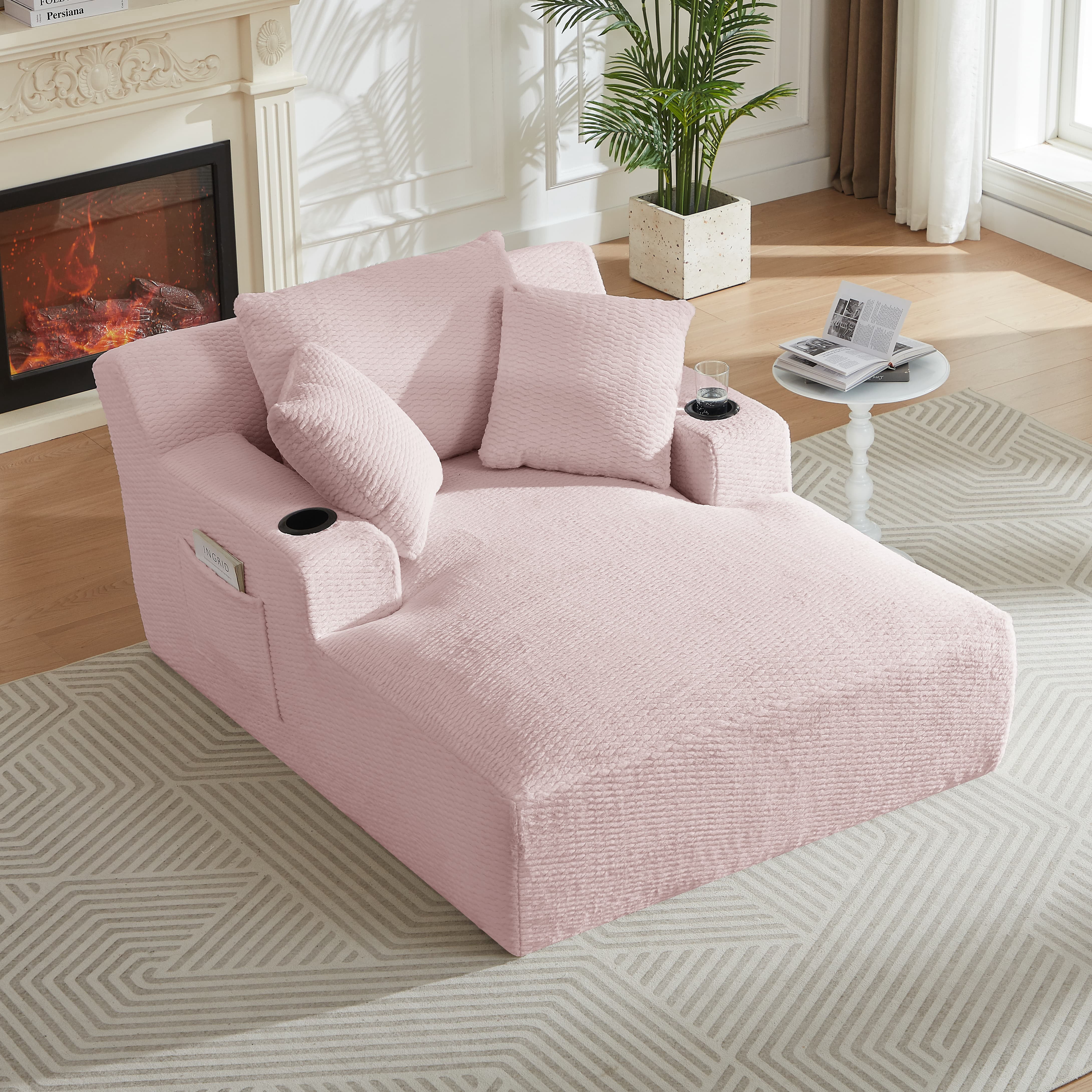 MAYEERTY Oversized Chaise Lounge Chair, Comfy Sleeper with Cup Holders for Living Room & Office, 49*66*28" Pink