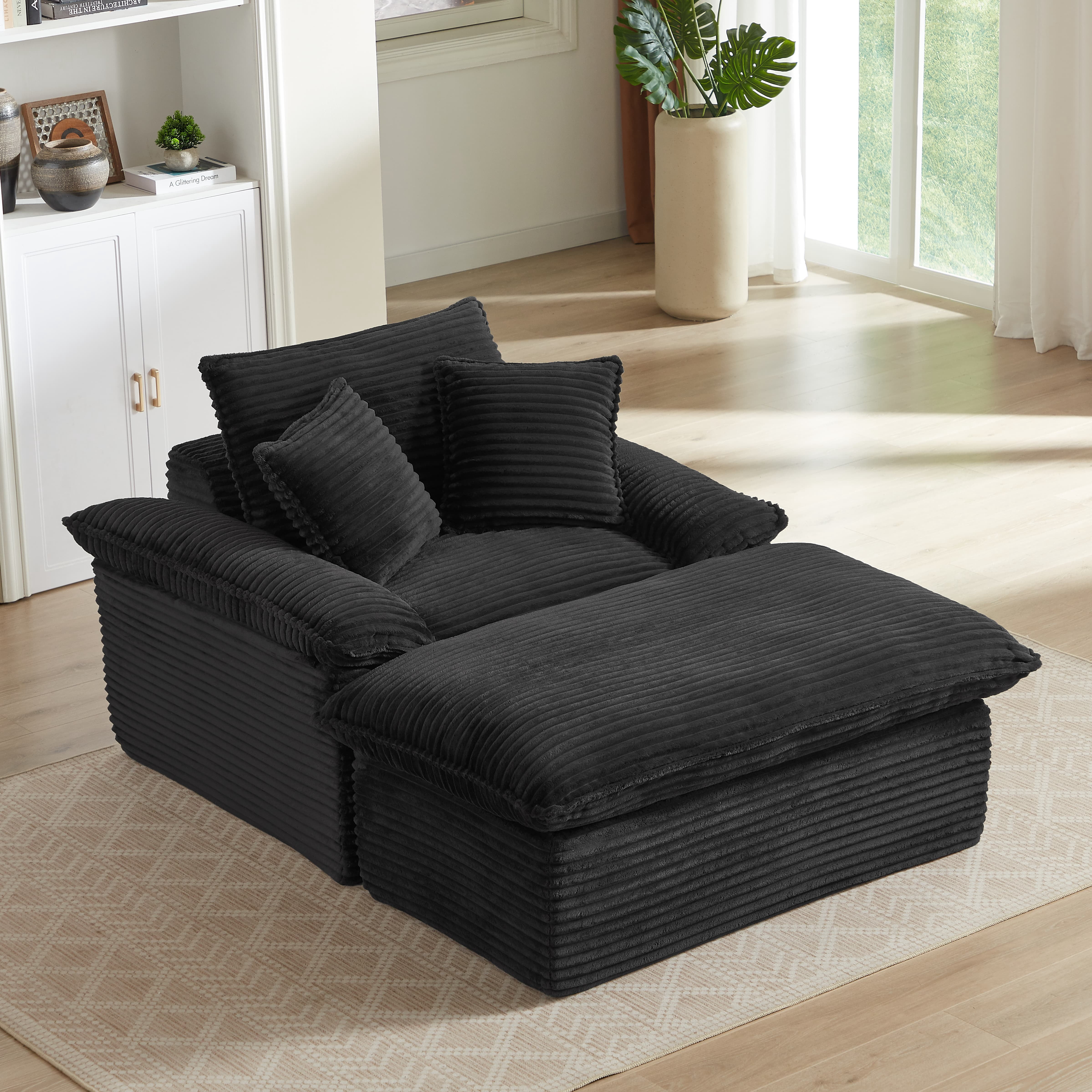 MAYEERTY Black Corduroy Modular Sofa, Oversized Single Chaise Lounge with Activity Footrest for Apartment,52×71×37"
