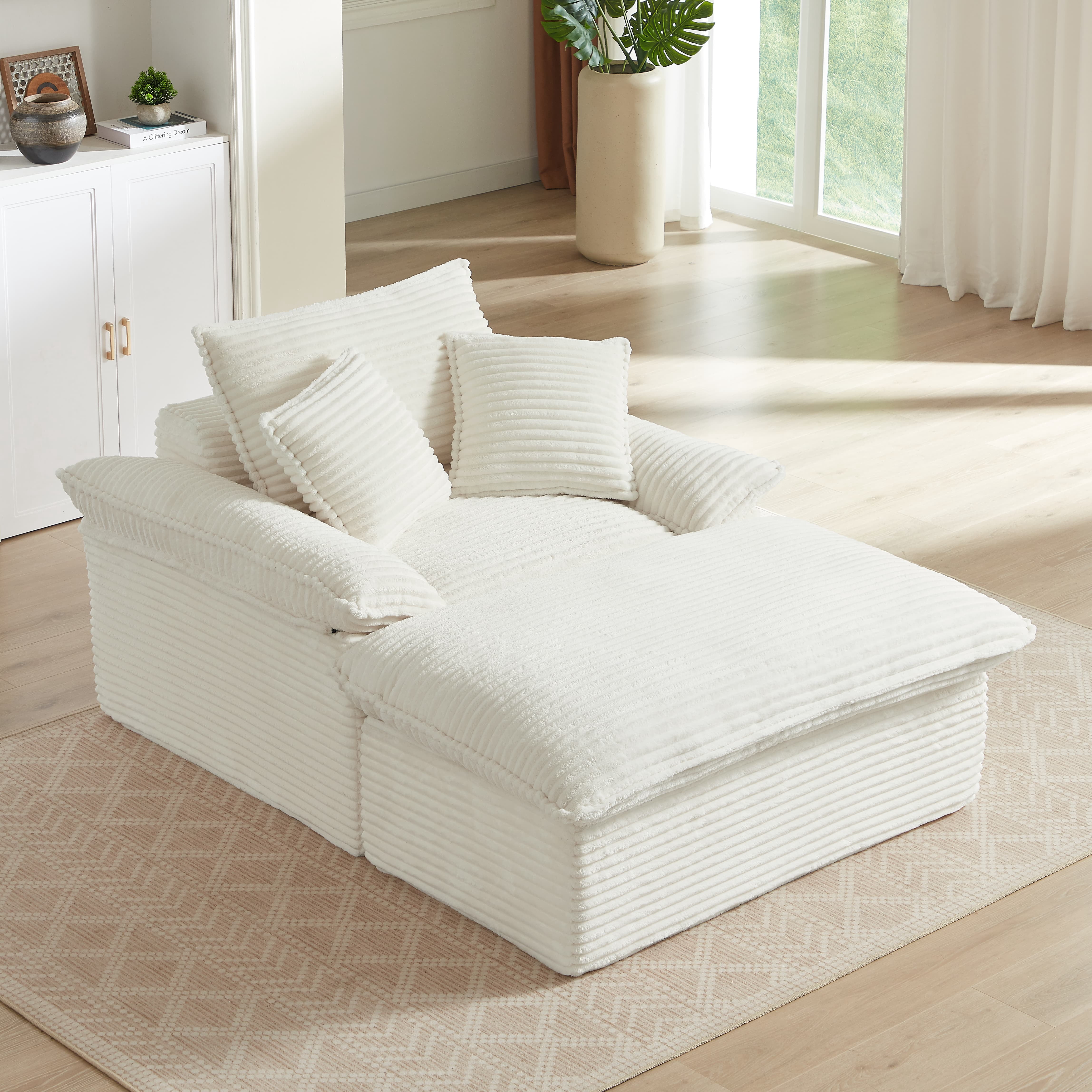 MAYEERTY White Corduroy Modular Sofa, Oversized Single Chaise Lounge with Activity Footrest for Apartment,52×71×37"