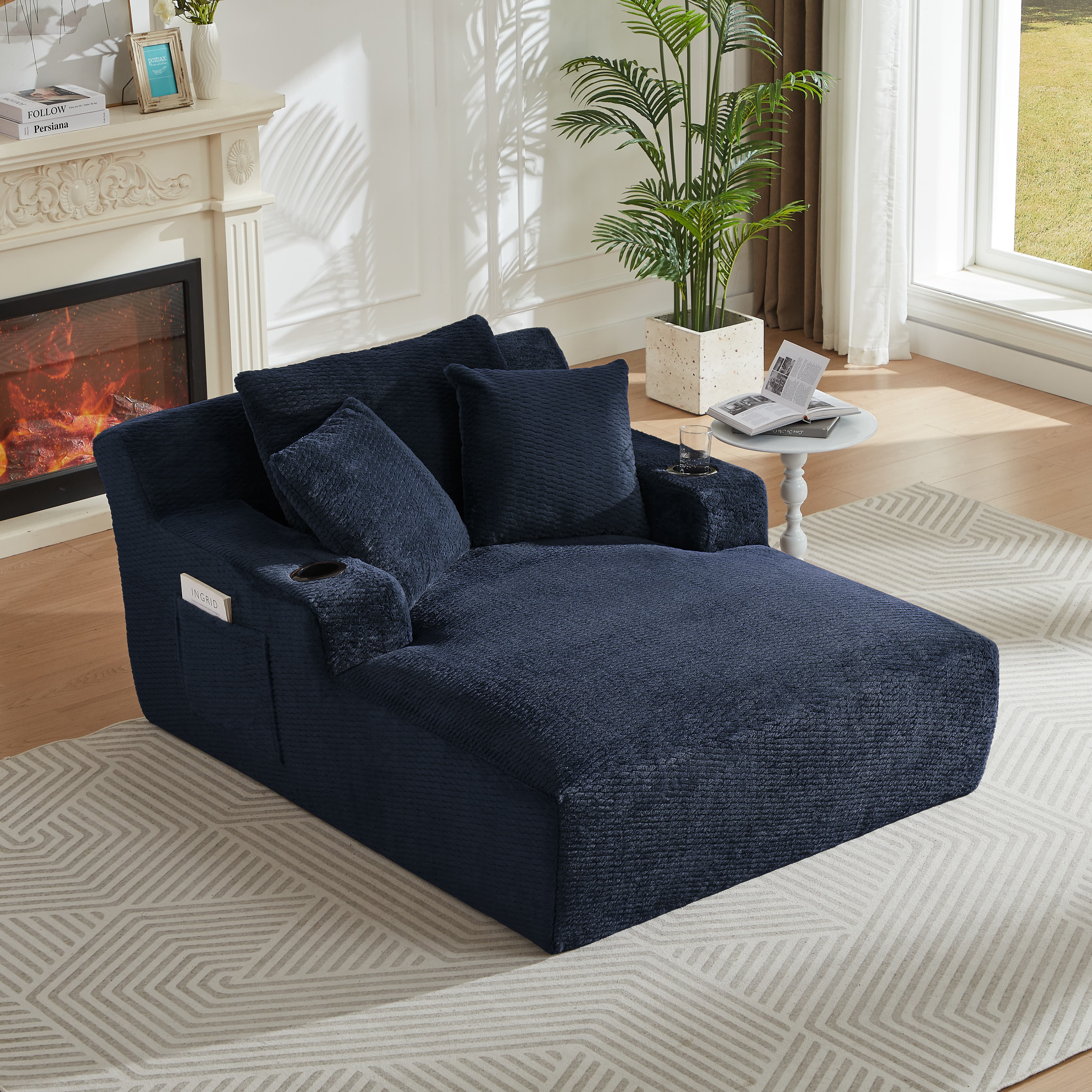 MAYEERTY Oversized Plush Chaise Lounge Sofa, Modern Comfy Sleeper with Cup Holders for Living Room, 49*66*28"Dark Blue