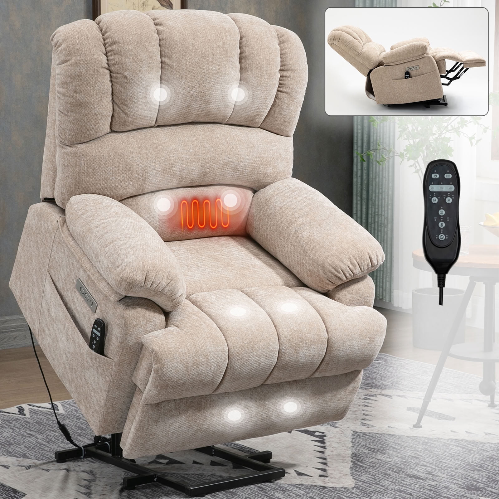 MAYEERTY Oversized Power Lift Recliner Chair, Chenille Electric Lift Chair with 8-Point Vibration Massage & Lumbar Heat, USB Port, for Living Room Elderly
