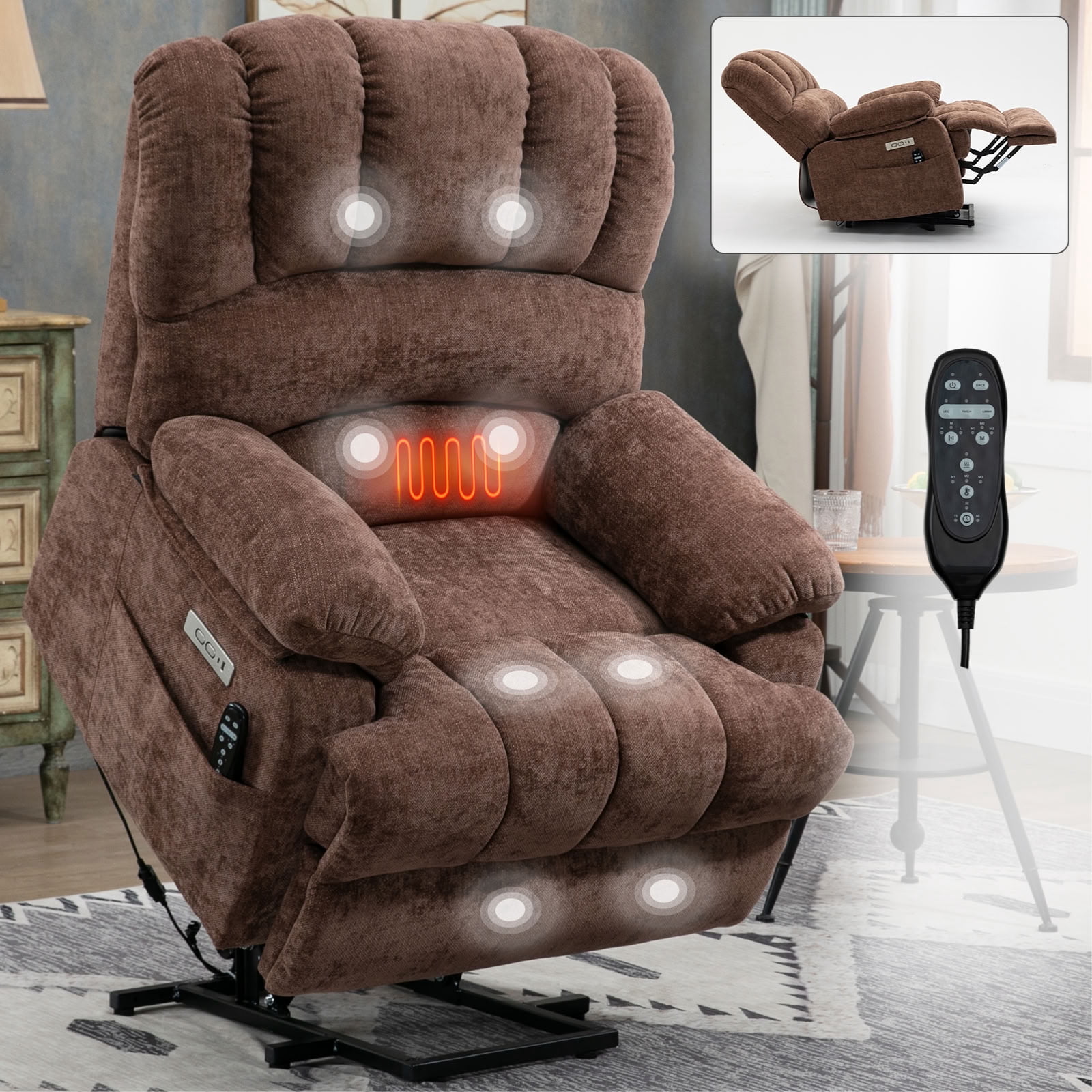 MAYEERTY Oversized Power Lift Recliner Chair, Chenille Electric Lift Chair with 8-Point Vibration Massage & Lumbar Heat, USB Port, for Living Room Elderly