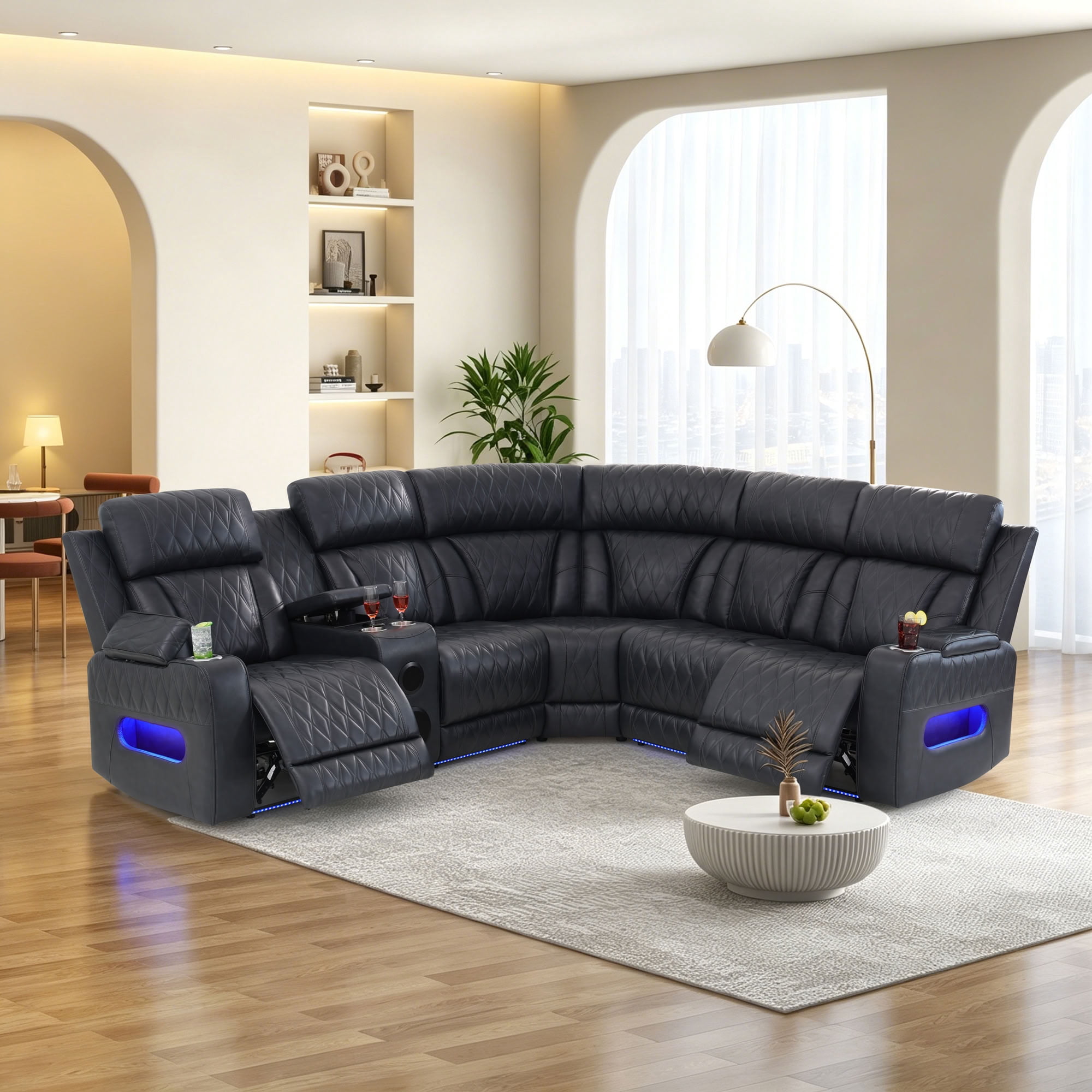 MAYEERTY Oversized Power Recliner Sectional Sofa, L-Shape Corner Couch with Bluetooth Speaker, USB Port, Cup Holders & LED, Semi PU Leather for Living Room, Home Theater