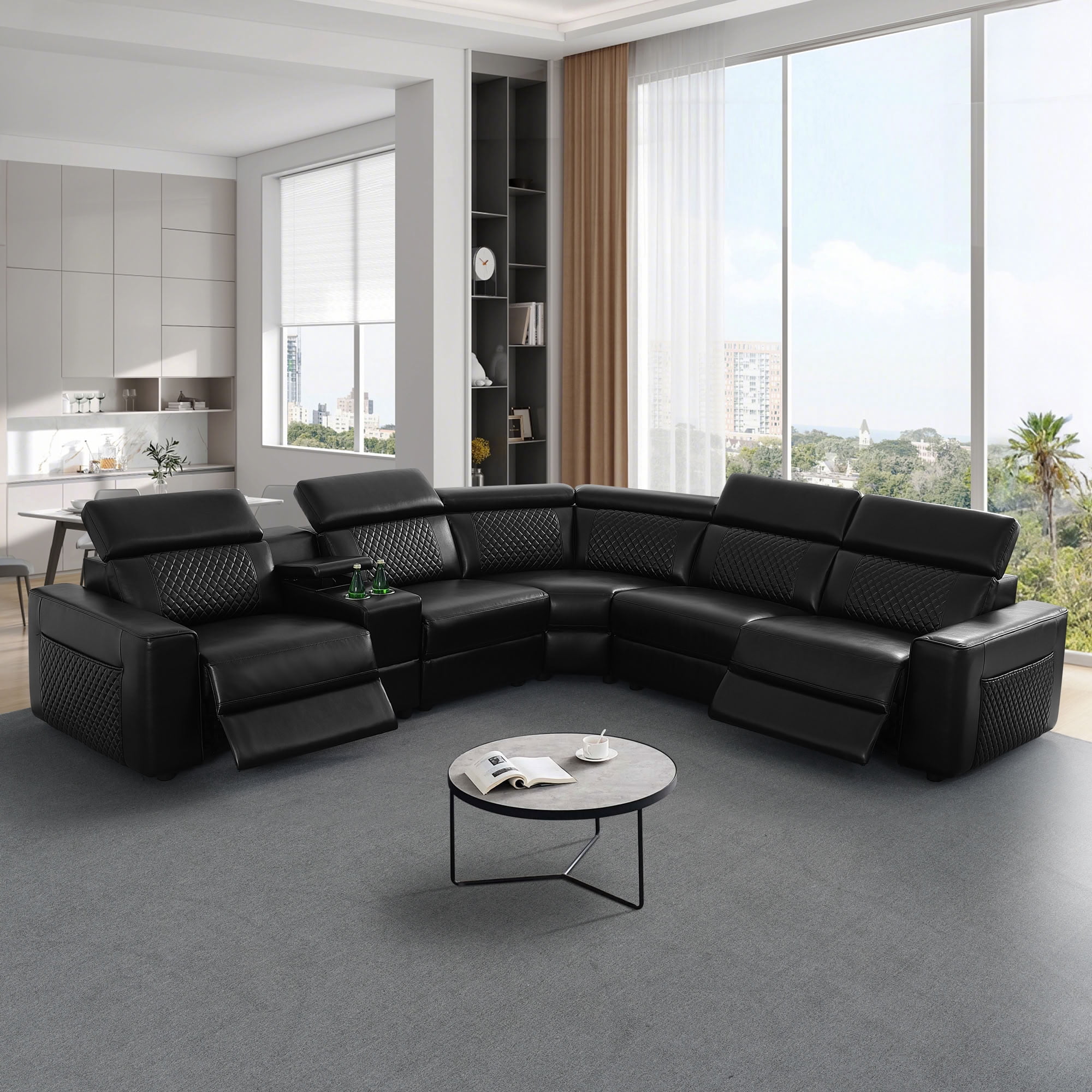MAYEERTY Oversized Power Recliner Sectional Sofa, L-Shape Corner Couch with Bluetooth Speaker, USB Port, Wireless Charging & Cup Holders, Semi PU Leather for Home Theater, Living Room