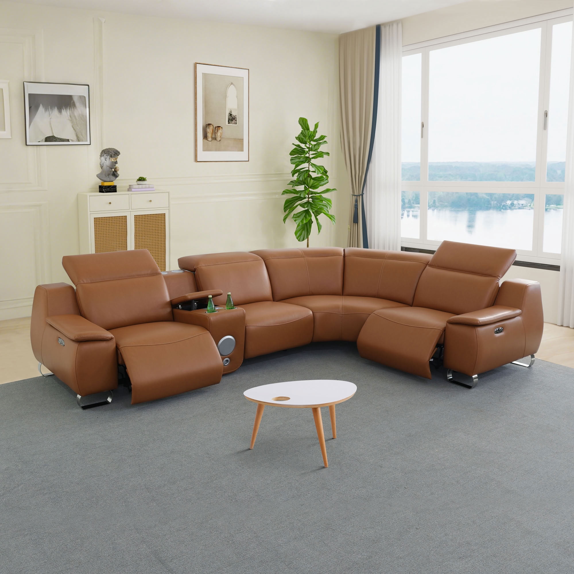 MAYEERTY Oversized Power Recliner Sectional Sofa, L-Shape Corner Couch with Wireless Charging, Bluetooth Speaker, USB Port & Cup Holders, for Living Room, Home Theater, Orange Yellow