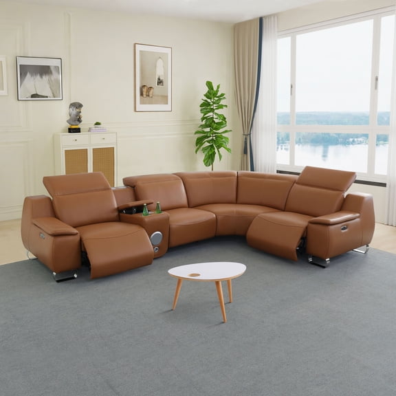 MAYEERTY Oversized Power Recliner Sectional Sofa, L-Shape Corner Couch with Wireless Charging, Bluetooth Speaker, USB Port & Cup Holders, for Living Room, Home Theater, Orange Yellow