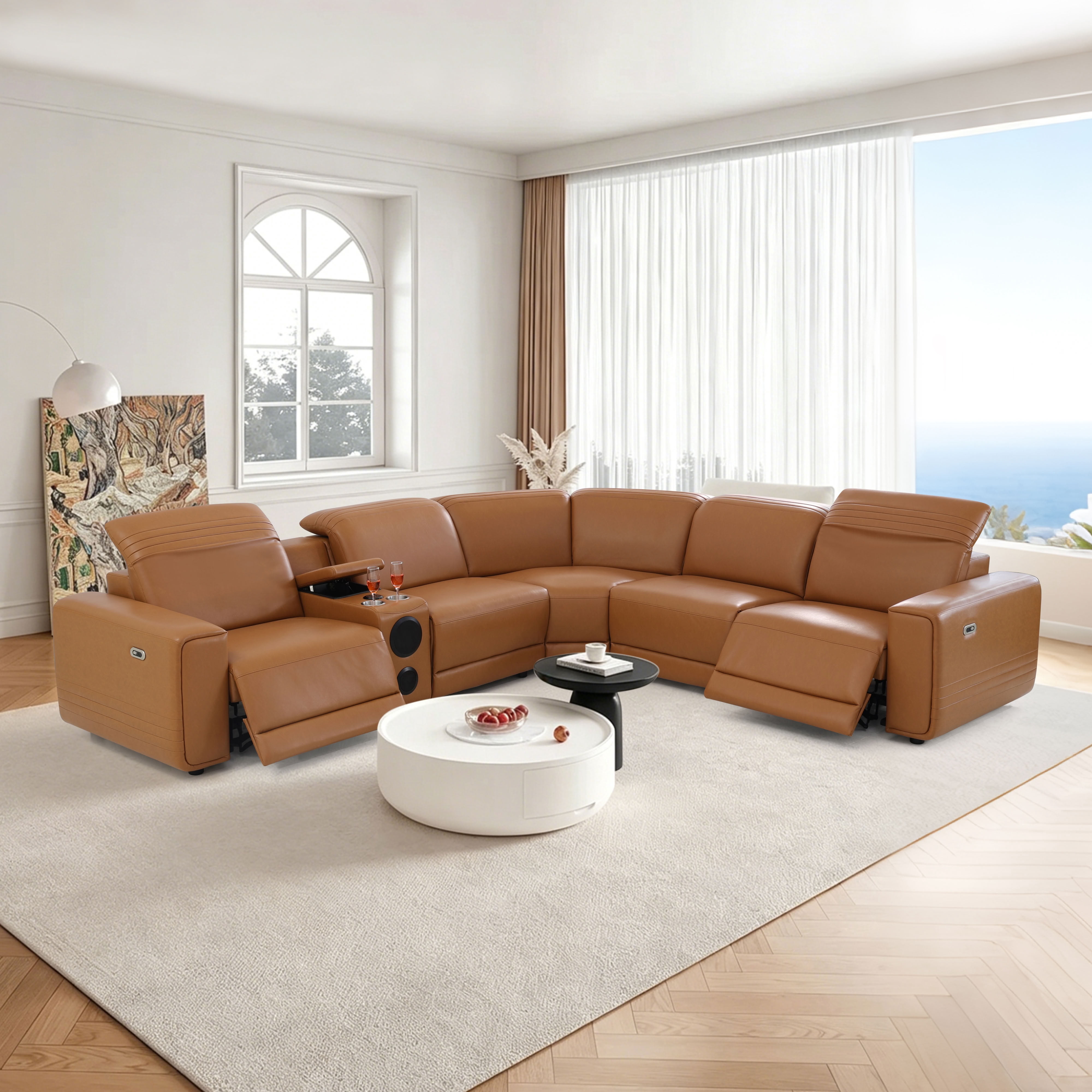 MAYEERTY Oversized Power Recliner Sectional Sofa, L-Shape Modular Couch Set with Bluetooth Speaker, USB Ports & Storage Console, Semi PU Leather for Living Room