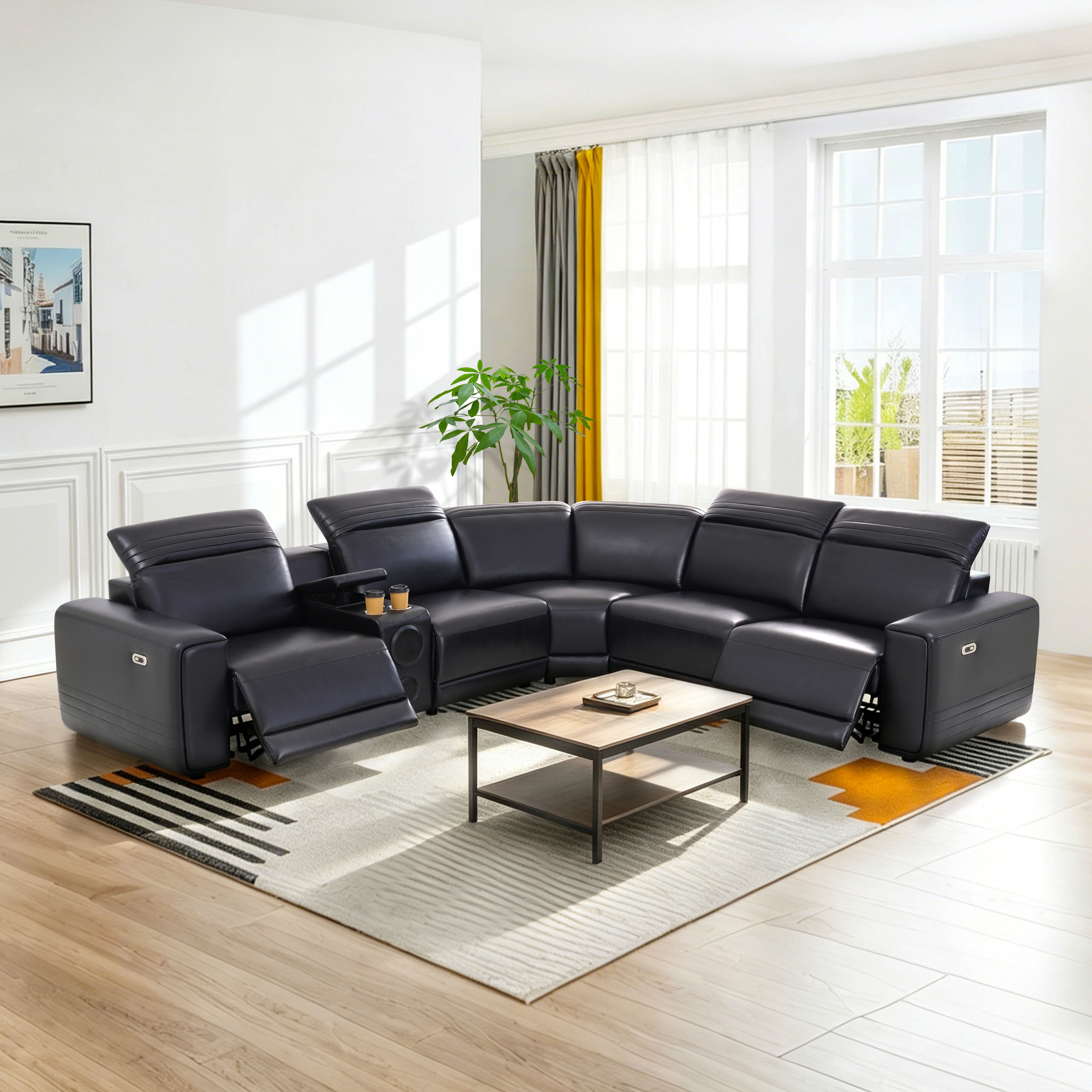 MAYEERTY Oversized Power Recliner Sectional Sofa, L-Shape Modular Couch Set with Bluetooth Speaker, USB Ports & Storage Console, Semi PU Leather for Living Room