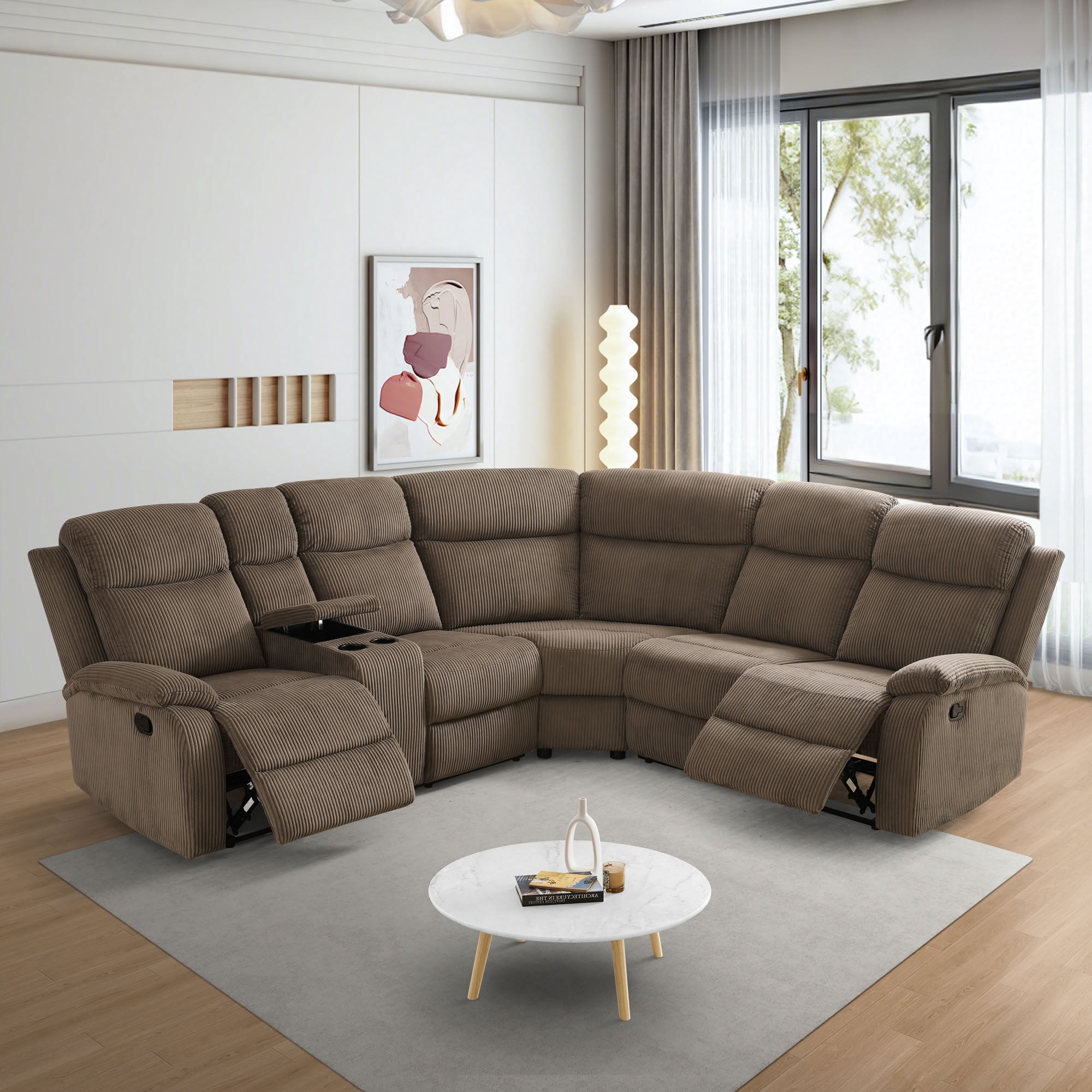 MAYEERTY Oversized Recliner Sectional Sofa, L-Shape Corner Couch with Cup Holders & Storage for Living Room, Home Theater, Brown
