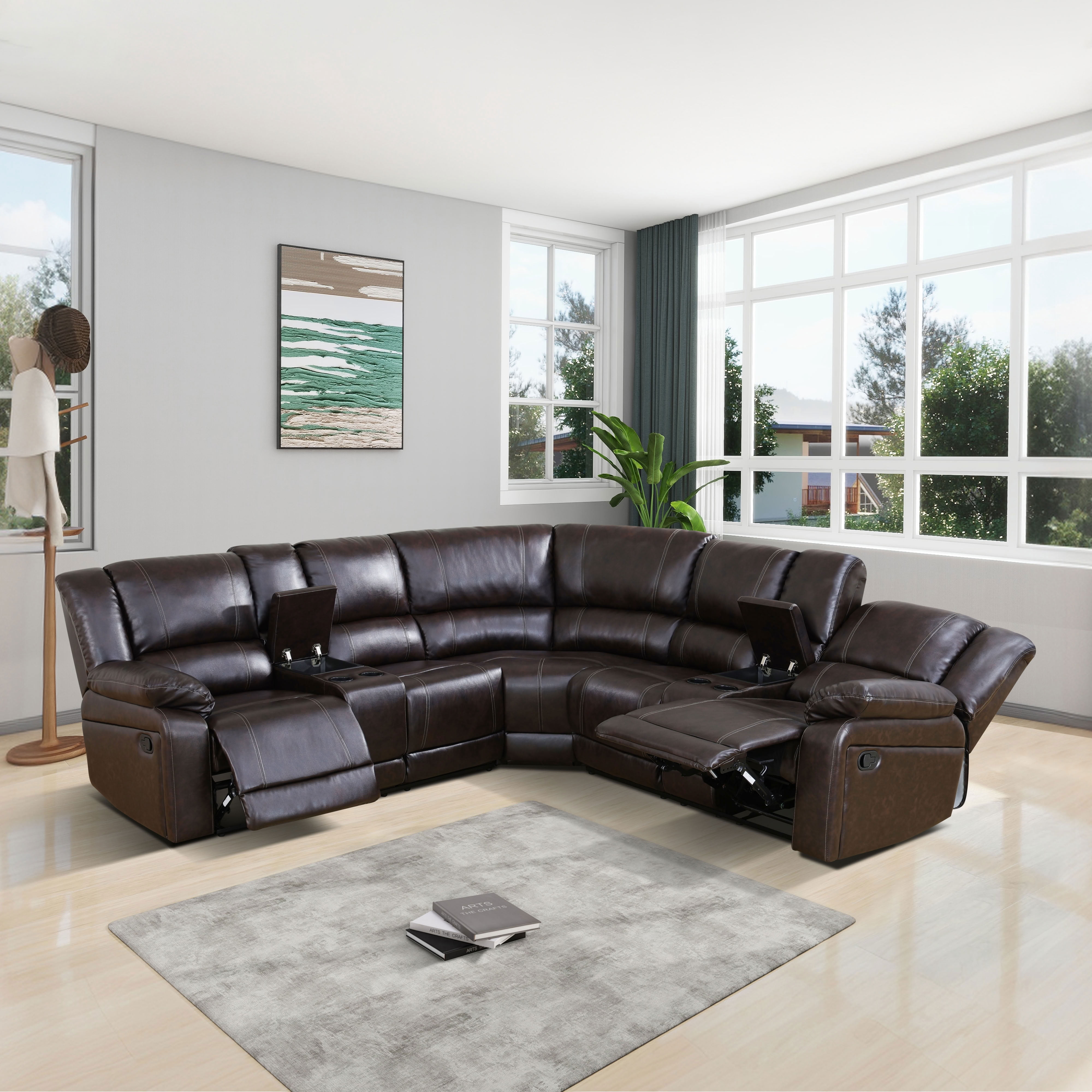 MAYEERTY Oversized Recliner Sectional Sofa, L-Shape Corner Couch with Faux Leather, Cup Holders & Storage for Living Room, Home Theater, Brown