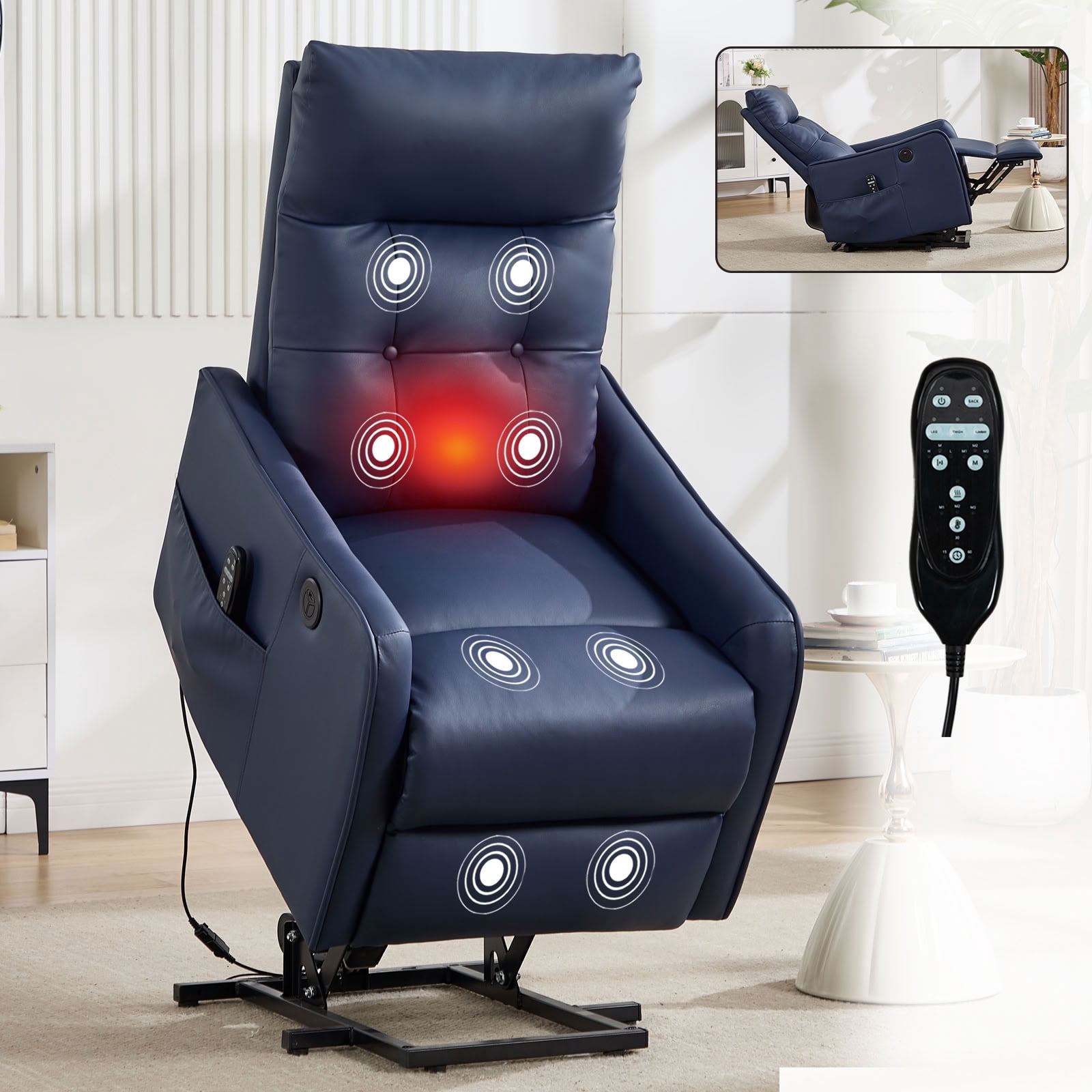MAYEERTY PU Leather Power Lift Recliner Chair for Elderly, Single Motor Electric Lift Chair with 8-Point Massage & Lumbar Heat, USB Charging Port, for Living Room