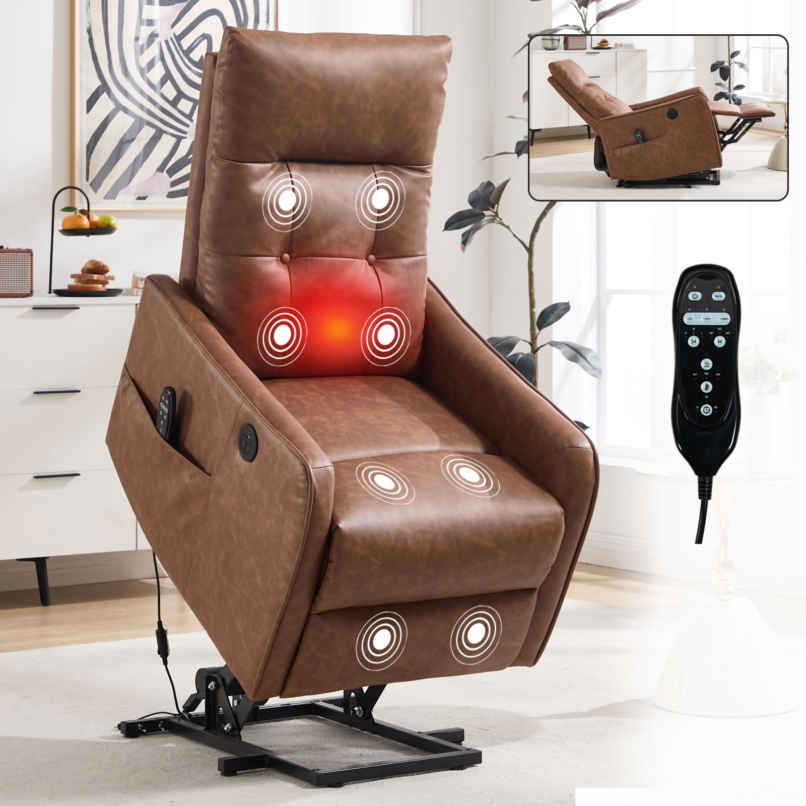 MAYEERTY PU Leather Power Lift Recliner Chair for Elderly, Single Motor Electric Lift Chair with 8-Point Massage & Lumbar Heat, USB Charging Port, for Living Room
