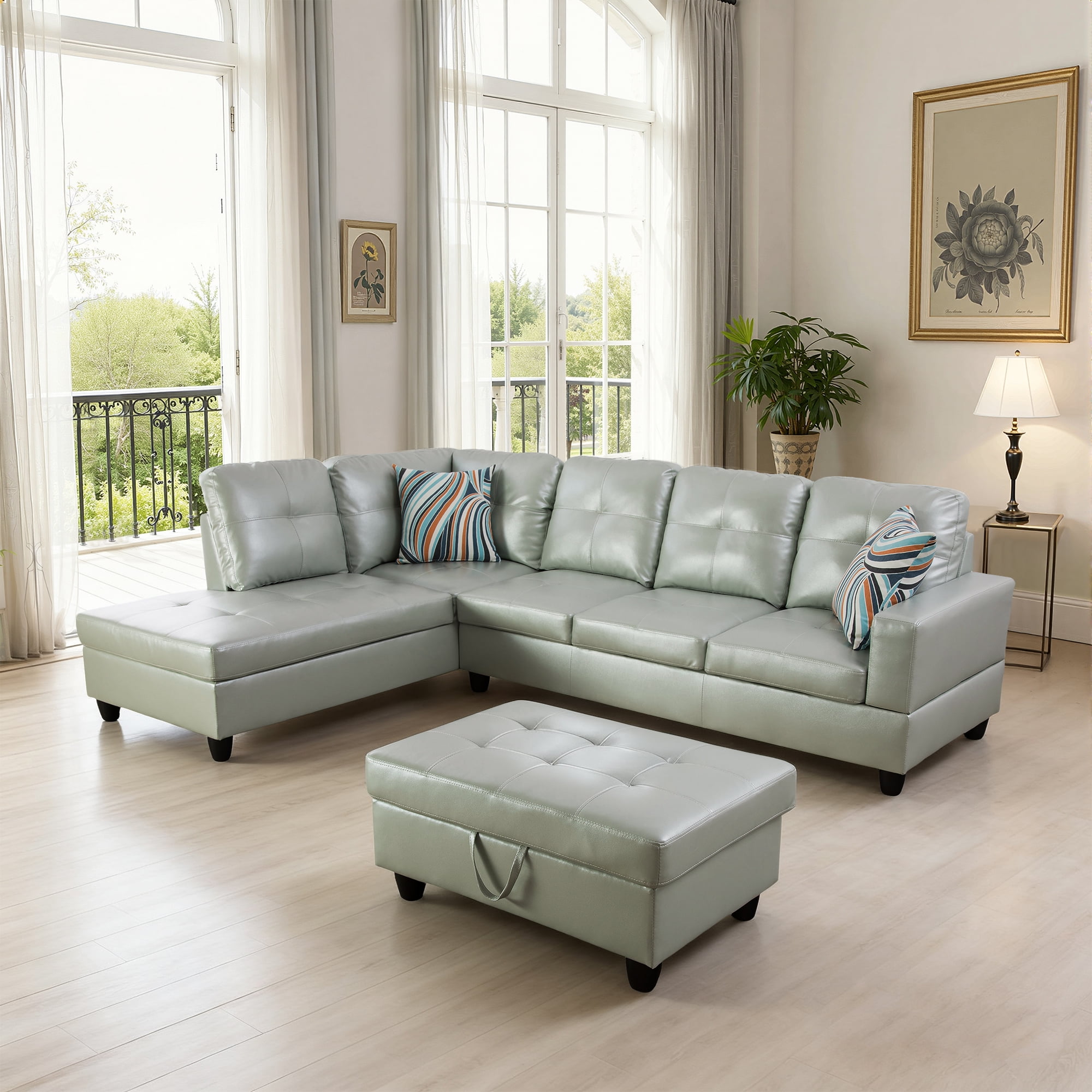 MAYEERTY PU Synthetic Leather 3-Piece Couch Living Room Sofa Set，Silver Green