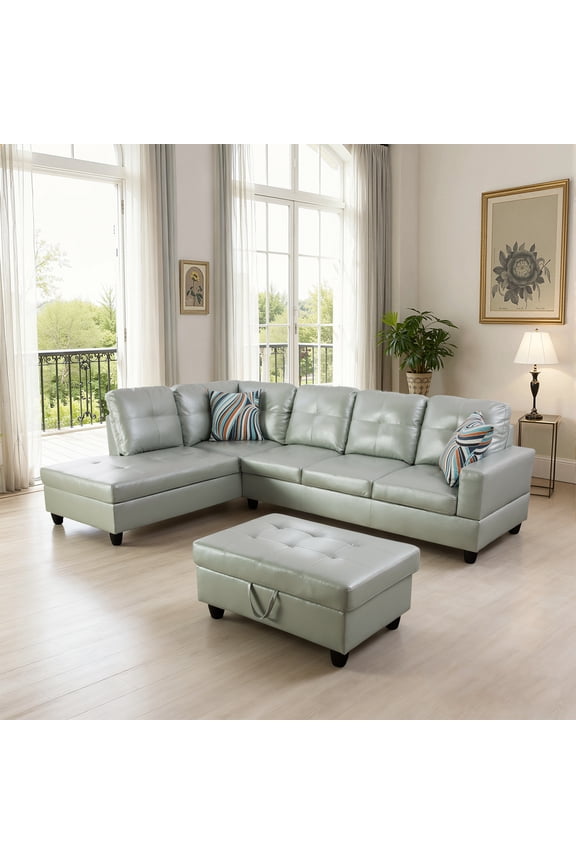 PU Synthetic Leather 3-Piece Couch Living Room Sofa Set，Silver Green