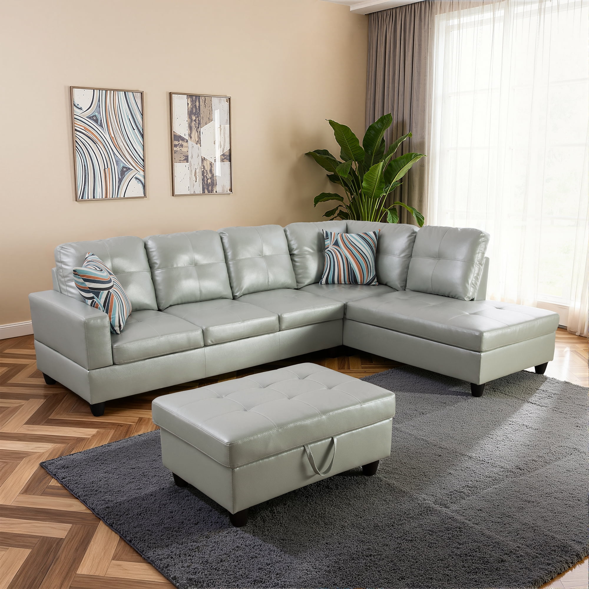 MAYEERTY PU Synthetic Leather 3-Piece Couch Living Room Sofa Set，Silver Green
