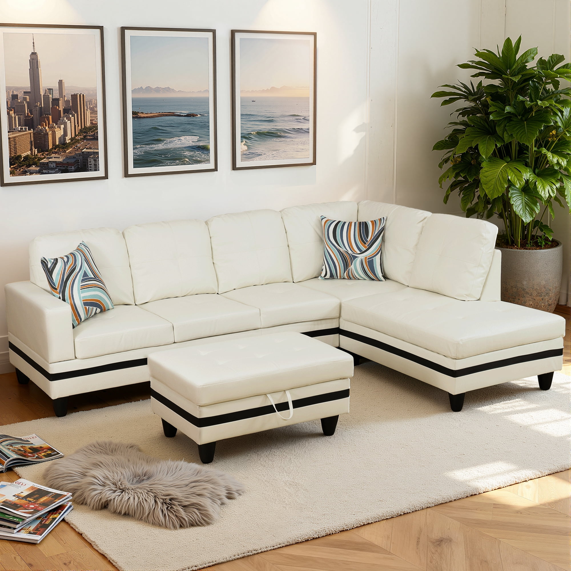 MAYEERTY PU Synthetic Leather 3-Piece Couch Living Room Sofa Set，White And Black
