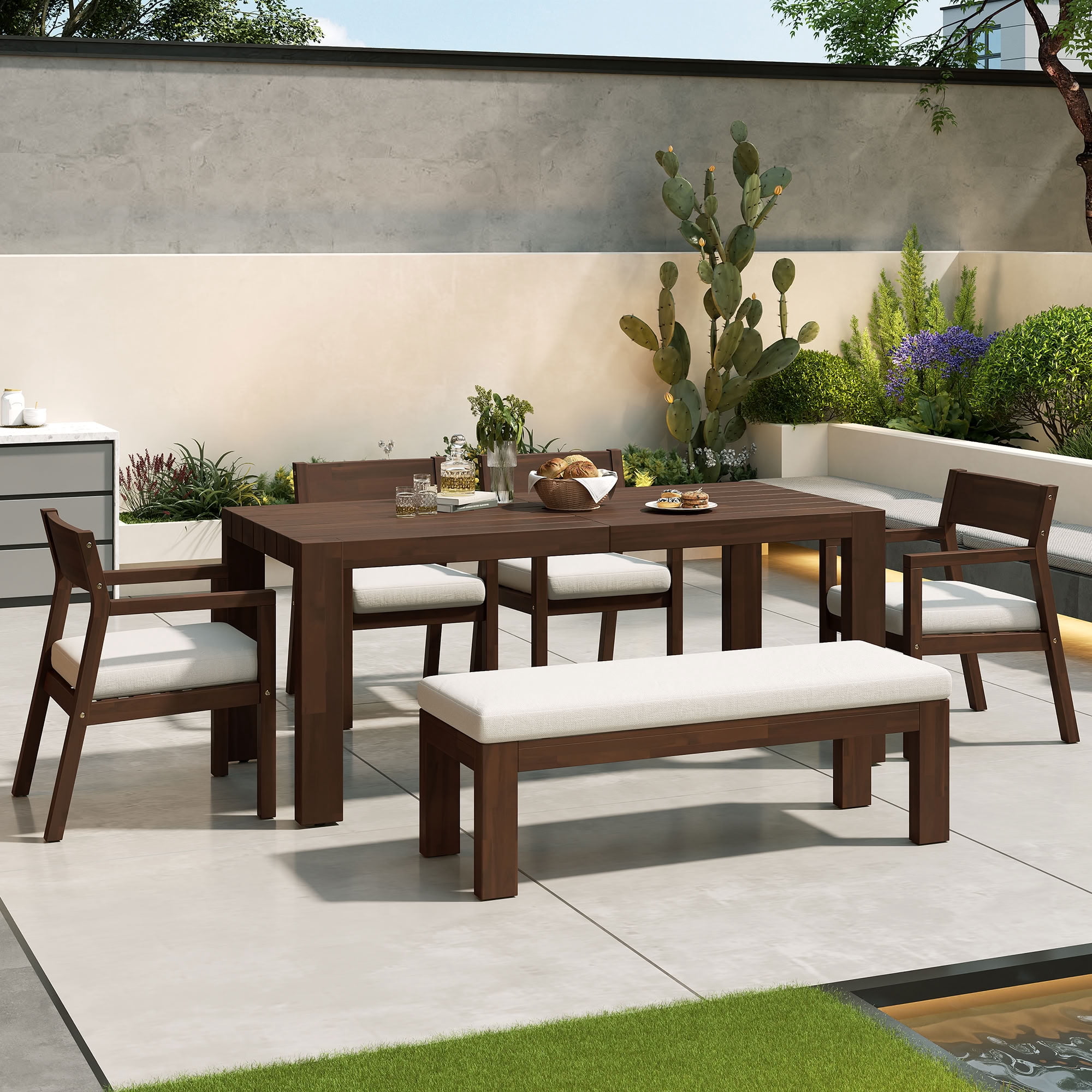 MAYEERTY Patio Dining Table Set for 6, Outdoor Furniture Sets with Umbrella Hole, 71" Rectangular Table, Chairs and Bench for Backyard, Garden