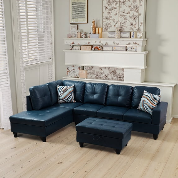 MAYEERTY 103.5" Semi PU Synthetic Leather Modern 3-Piece Sectional Couch with High-Density Foam Living Room Sofa Set,Peacock Blue
