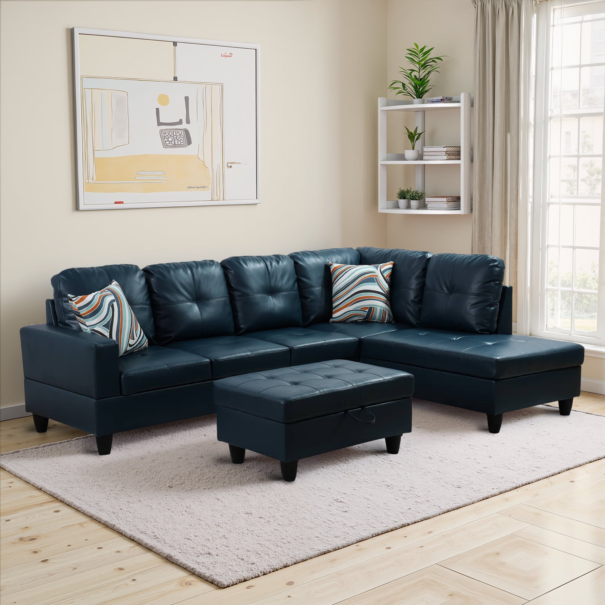 MAYEERTY 103.5" Semi PU Synthetic Leather Modern 3-Piece Sectional Couch with High-Density Foam Living Room Sofa Set，Peacock Blue