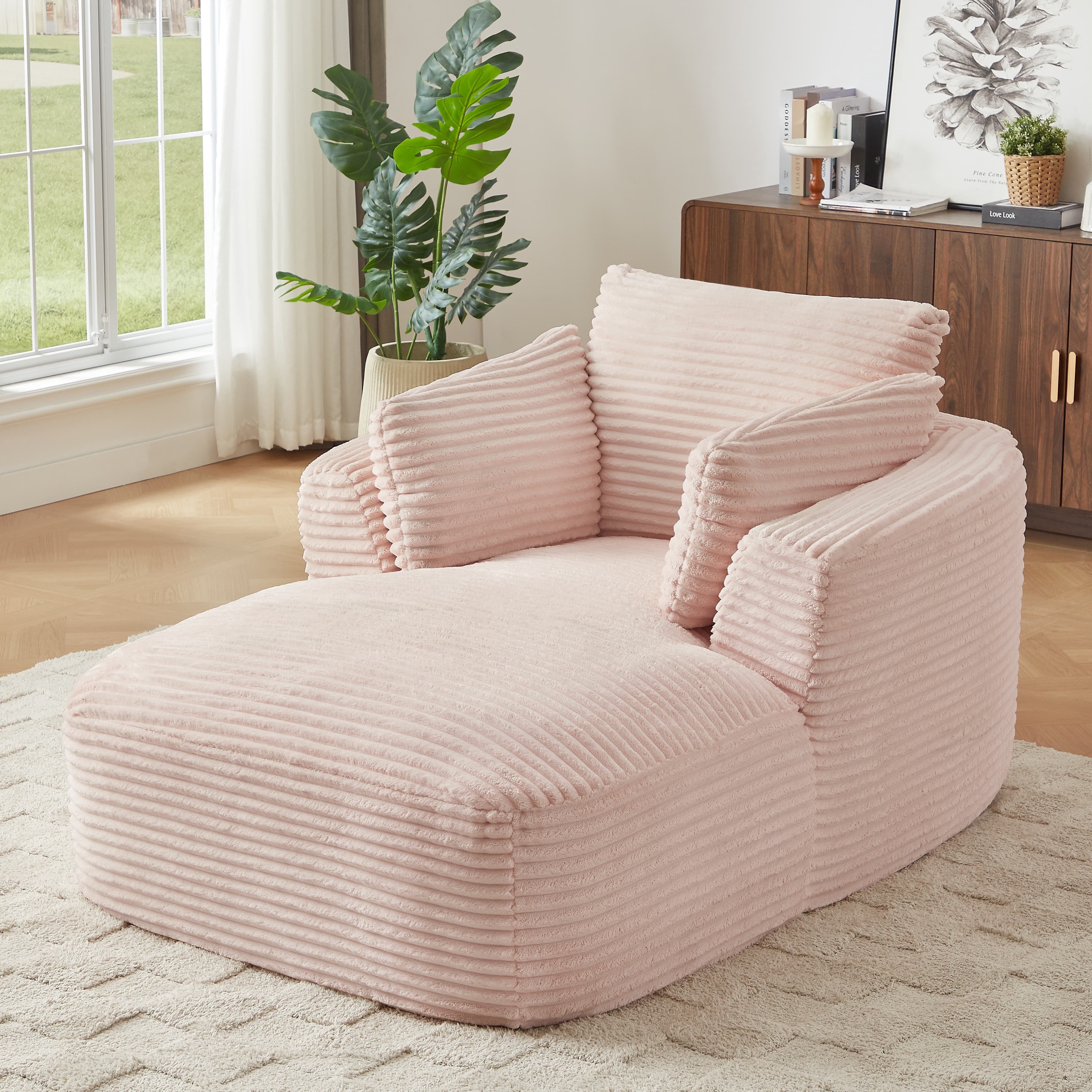 MAYEERTY Oversized Corduroy Chaise Lounge Sofa, Modern Couch with Spring Cushion for Apartment, 45*65*36"Pink