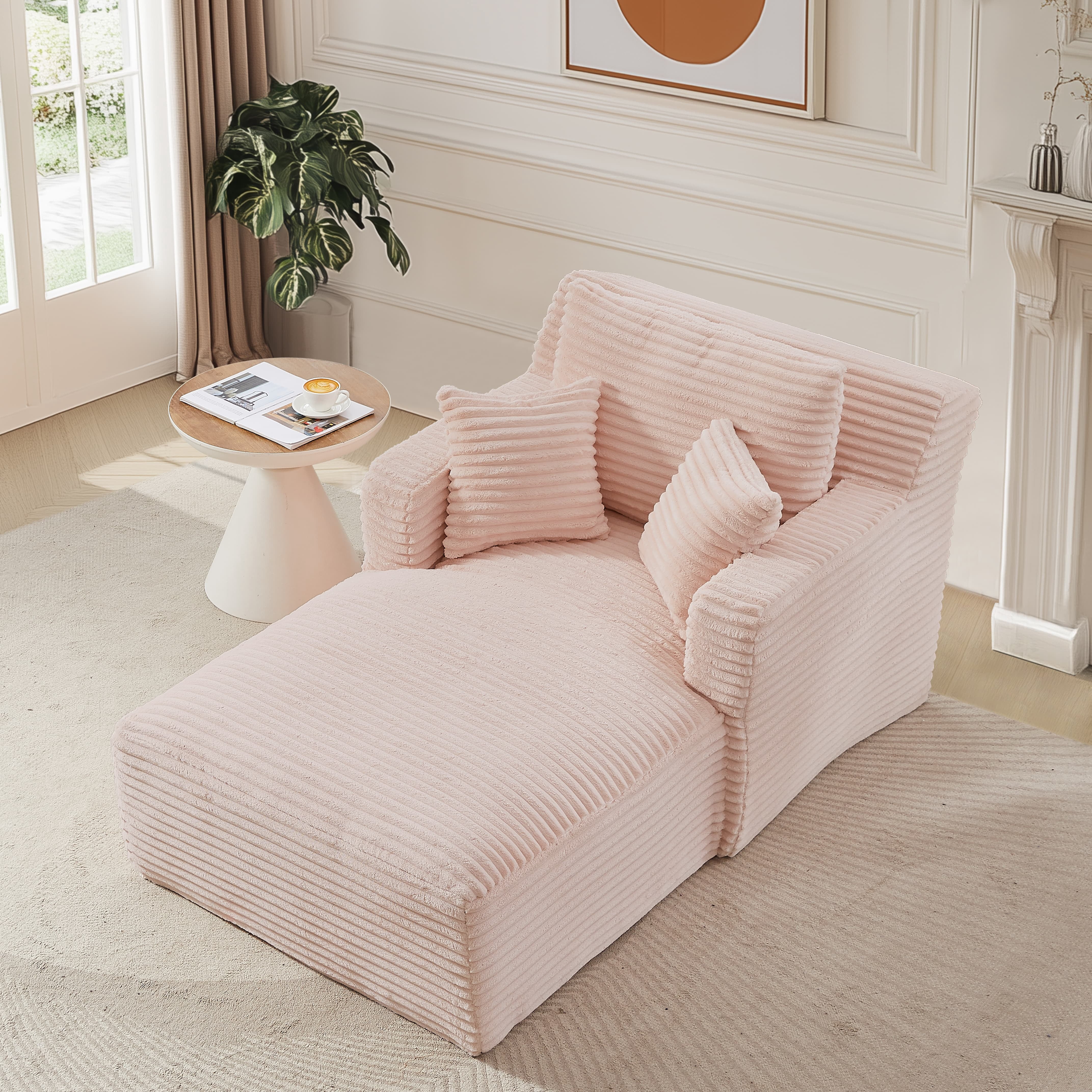 MAYEERTY Single Corduroy Chaise Lounge Sofa, Modern Couch with Spring Cushion for Apartment, 65*39*33"Pink