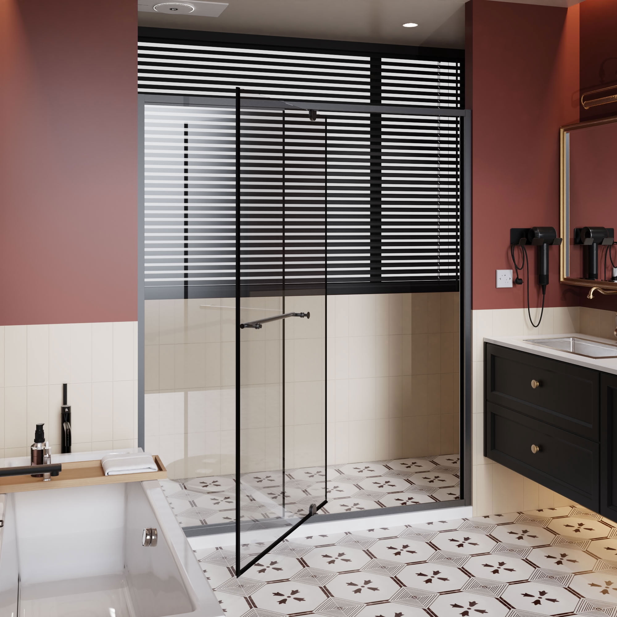 MAYEERTY Pivot Shower Door, Black Aluminum Frame, 1/4" Tempered Glass with Stainless Steel Handle, Waterproof & Adjustable Width