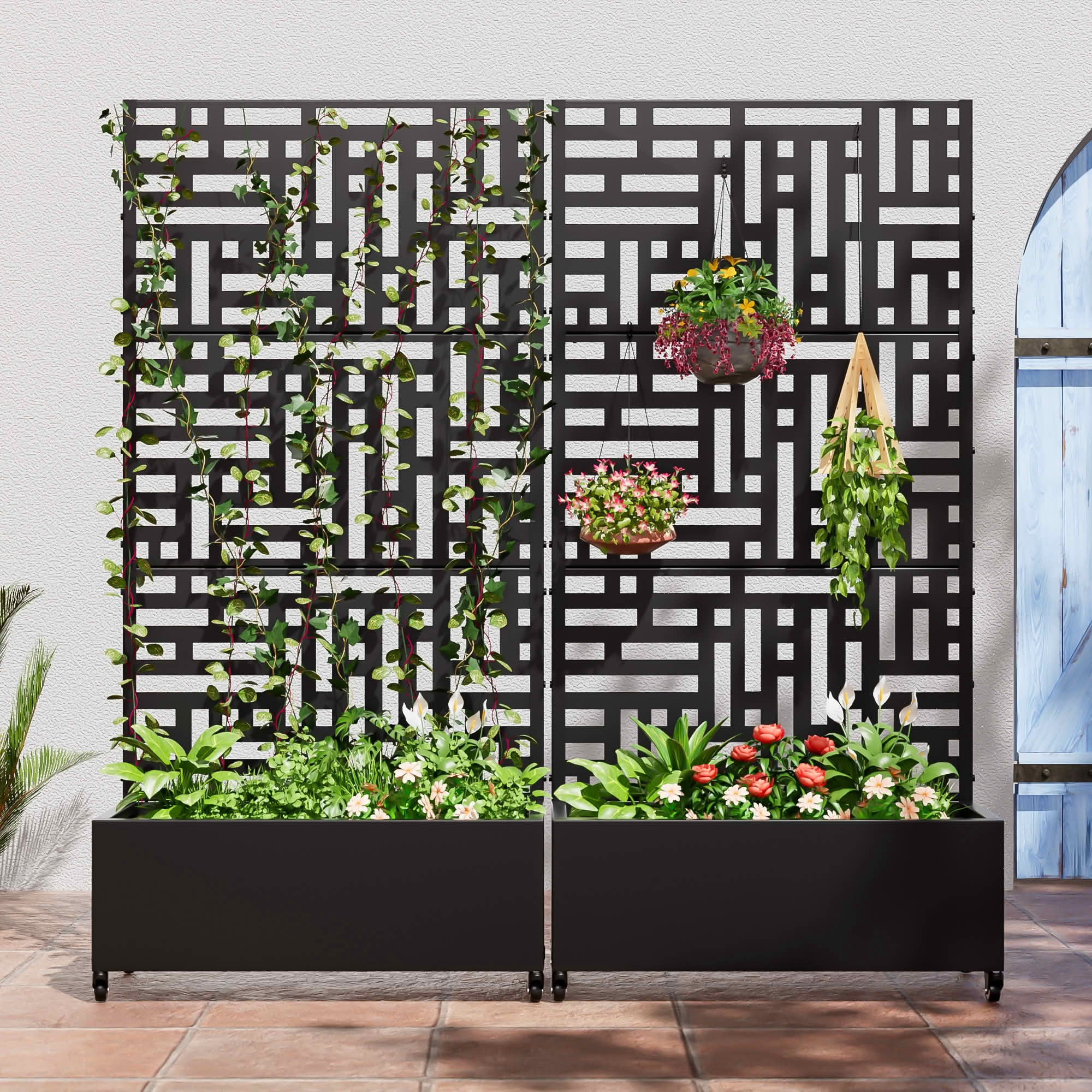 MAYEERTY Planter Box with Trellis Iron Black Rectangle 72x35x16in 3-Piece Set